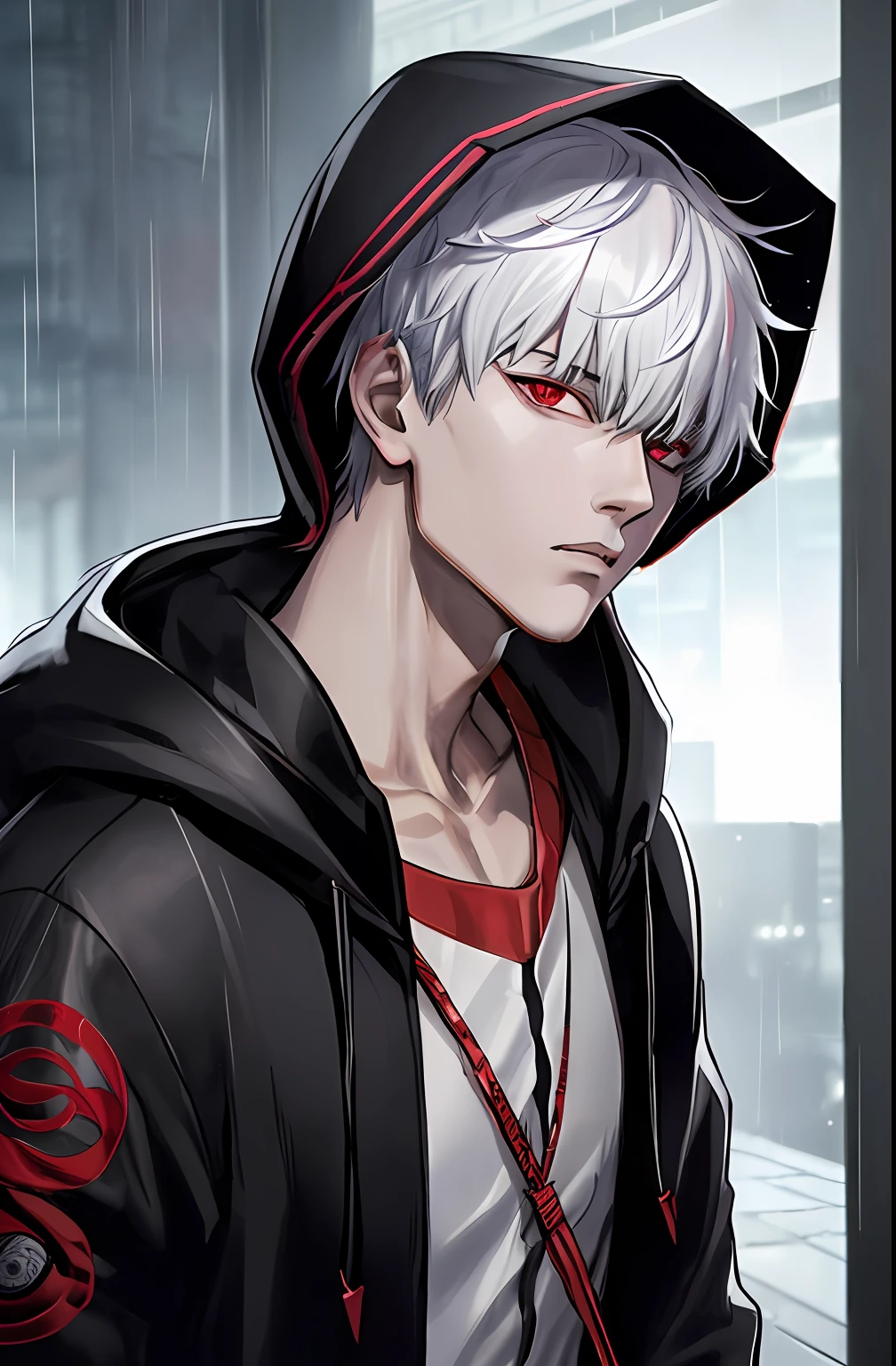 kk, best quality, more details, masterpiece, 1boy, kaneki ken, portrait, male focus, red eyes, solo, bangs, looking at viewer, hood, short hair, rain, tokyo tokyo \(city\), hood up, nail polish, white hair, luxurious, 8k, detailed, ray tracing, depth of field, cinematic lighting,