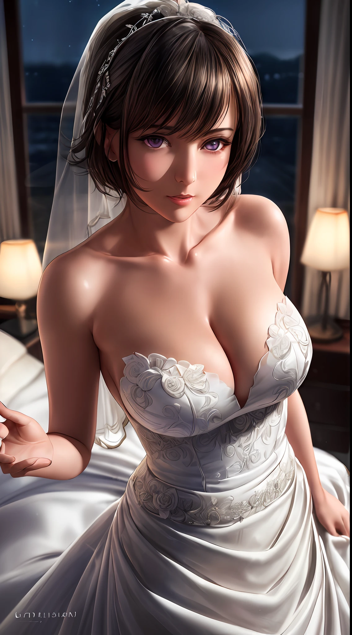 ((((masterpiece, best quality, high resolution)))), Extremely detailed 8K, (Ultra HD, Ultra-detailed, Highly detailed, Highly realistic, Ultra-realistic, photograph realistic), (1girl:1.5), (Realistic white hair), short wavy hair, bob cut, (dynamic poses), facing at camera, purple eyes, average breasts, cleavage, blush, light smile, parted lips, glow, (beautiful detailed face, beautiful detailed eyes), (wedding dress, bridal veil, bridal garter), bedroom, night time, night light, seductive expression, seductive eyes, lustrous,