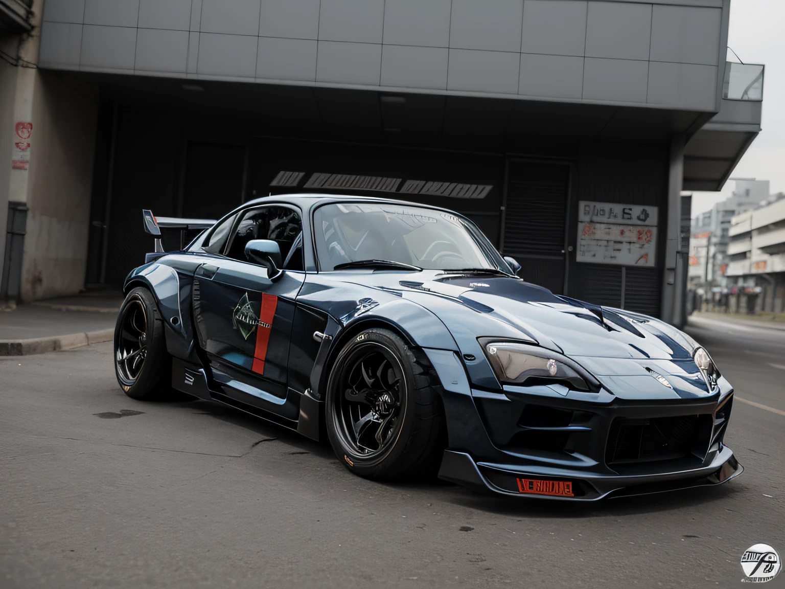 uma vista frontal 3/4 dos ((futurista cyberpunk Honda S2000 )) (com pneus brilhantes), no estacionamento,