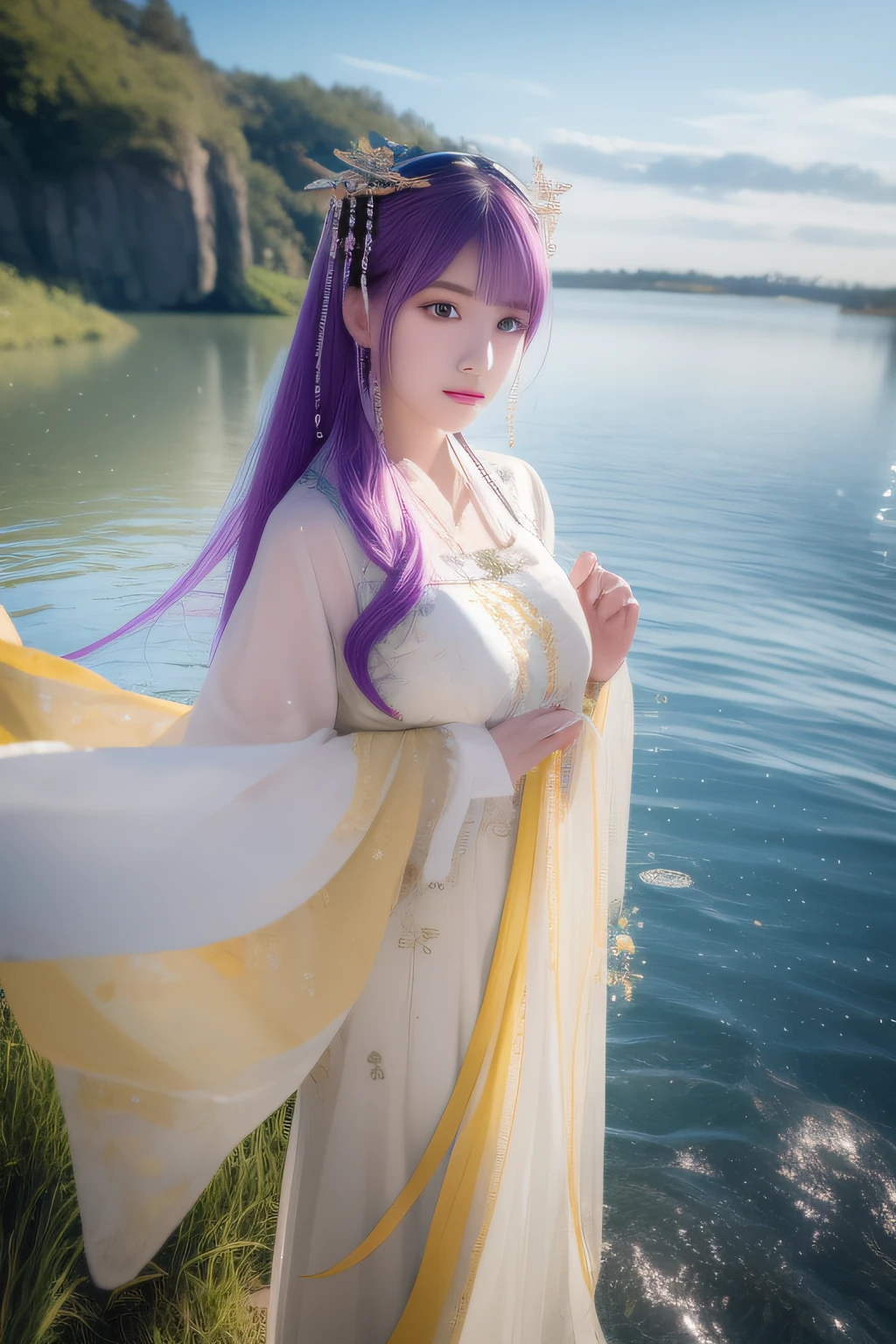 《Lift the reeds of rivers and lakes,The lights flash》painting of a,Top image quality,Ultra HD beautiful CG 8K wallpaper,Extremely delicate and beautiful,Suspension,A high resolution,dynamic angle,Dynamic posture,A girl,eBlue eyes,Colorful hair(silber hair:1.3,redheadwear:1.2,Purple hair big breasts,Yellow-haired:1.3,Green hair:1.3),White martial arts costume,Scarf,Beautiful face,Water droplets mix together,Clouds,eventide,large scene,Watercolor effect。