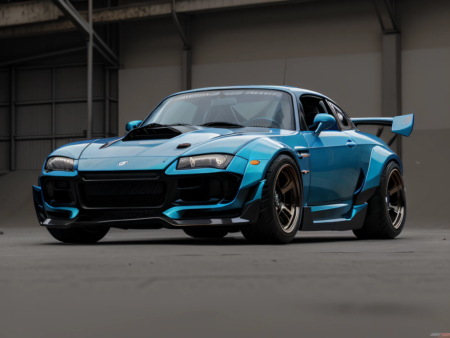 uma vista frontal 3/4 dos ((futurista cyberpunk Honda S2000 )) (com pneus brilhantes), no estacionamento,