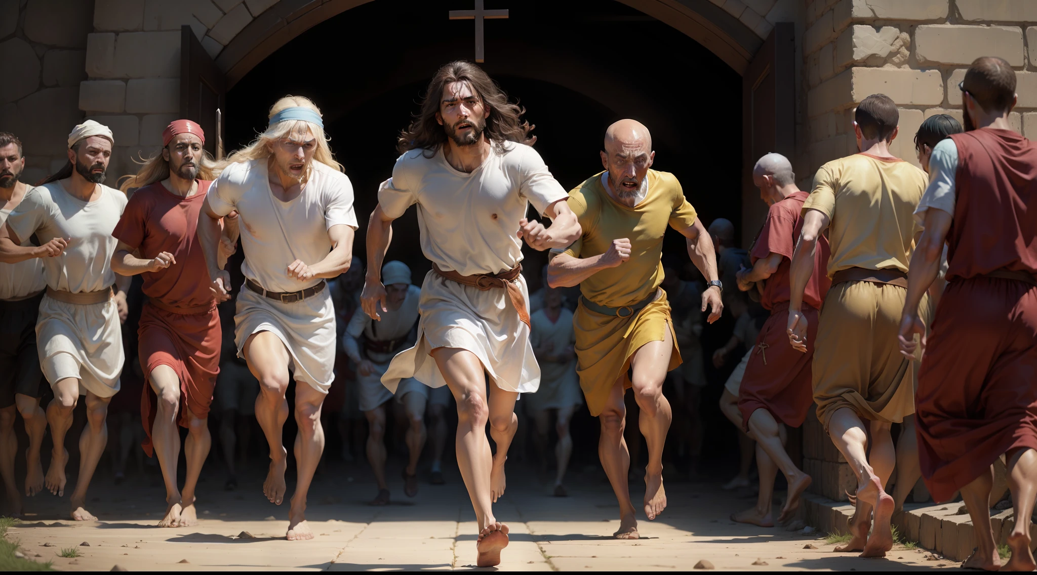 The healed lepers running back to show themselves to the priests, as Jesus instructed.