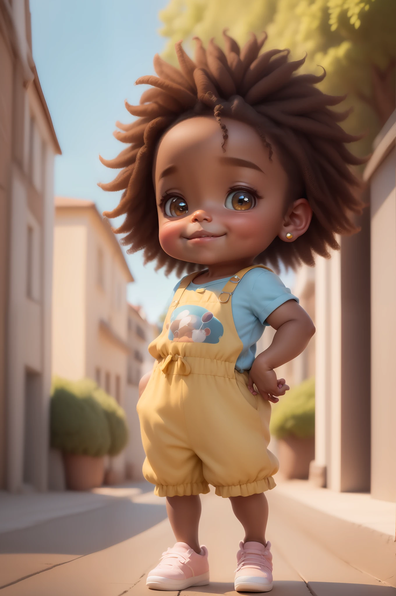 Chibi cor marrom:2, coffee color:2 queimado pelo sol, feliz de 15 anos (marrom:1) afro: 1.25 Estilo Pixar: 1.25 afro: 2.40 (((sozinho))) cabelos cacheados: 2.3, (corpo inteiro: 2.32) vestindo vestido floral sapato preto,, Hair messed up by the wind, desenho animado sentada numa rua da cidade, arte digital detalhada bonito, painting digital adorable, Cartoon style illustration, stylized digital illustration, stunning digital illustration, bela arte digital, arte de pintura digital dos desenhos animados, pintura digital dos desenhos animados 3D, Beautiful digital illustration, Arte infantil em Artstation, detailed digital illustration, arte digital detalhada, digital illustation, exquisite digital illustration, 8k