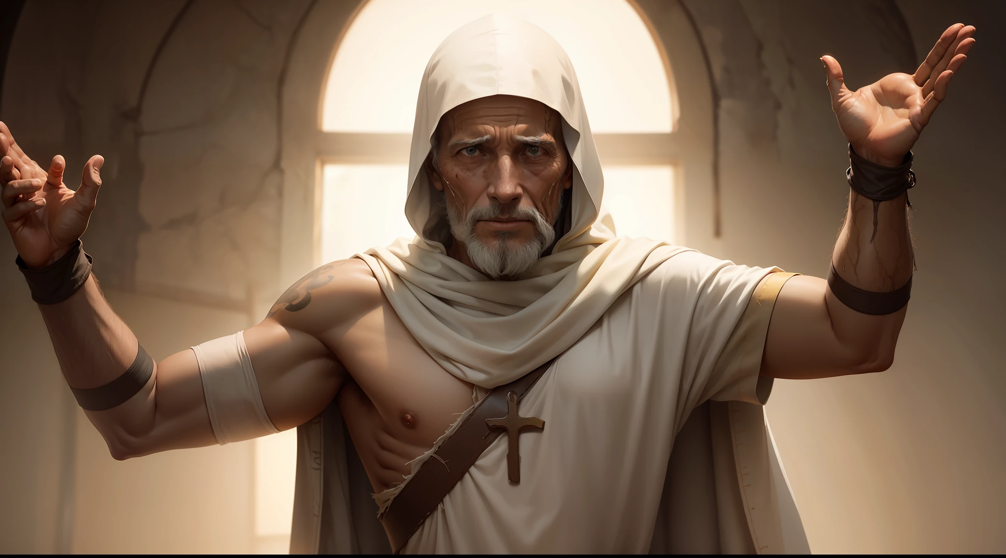 A visual representation of one leper, realizing his healing, returning to Jesus with gratitude.