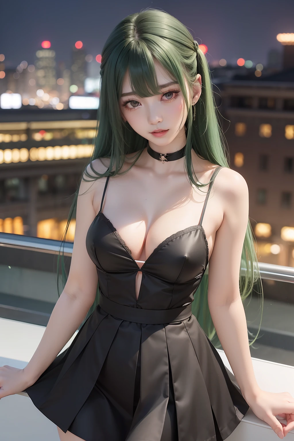 top-quality、超A high resolution、(Photorealsitic:1.4)、(Green Longhair:1.3)、greenhair、(azur lane\)、1girll、(Kpop Idol)、NSFW、In a black dress、slenderbody、Behold、cute little、finerly detailed face、Contrapo、Smooth skin、parfect anatomy、White camisole、Pure black pleated skirt、A city scape、natta、Rain wet type、Professional Lighting、Shopping mall rooftop café、outside of house、no teeth、8K Wallpapers
