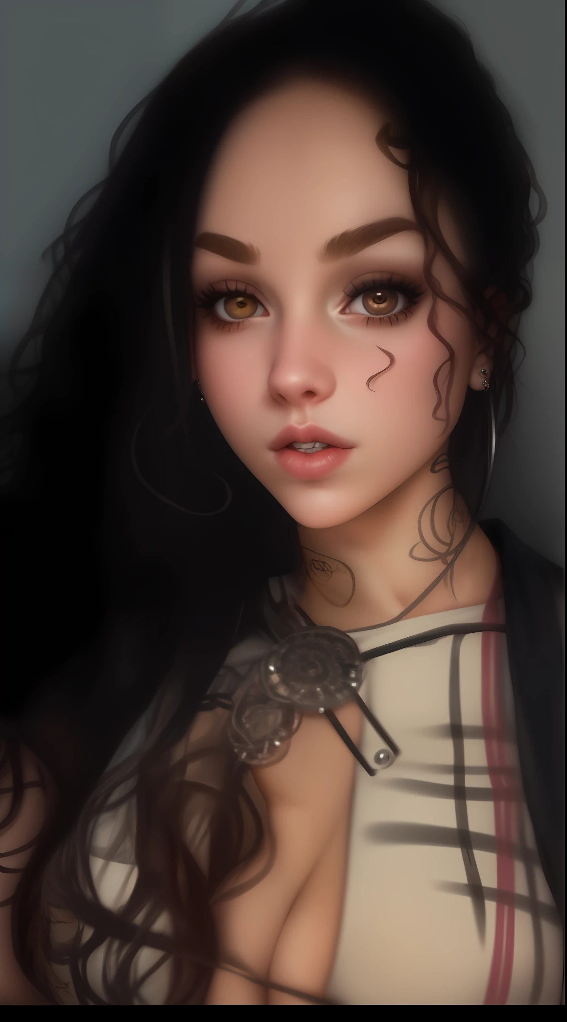 Young adult girl, white girl, septo piercing, Nice boobs, perfect lips, cachos, olhar sedutor, superior, extremante detalhado, obra-prima