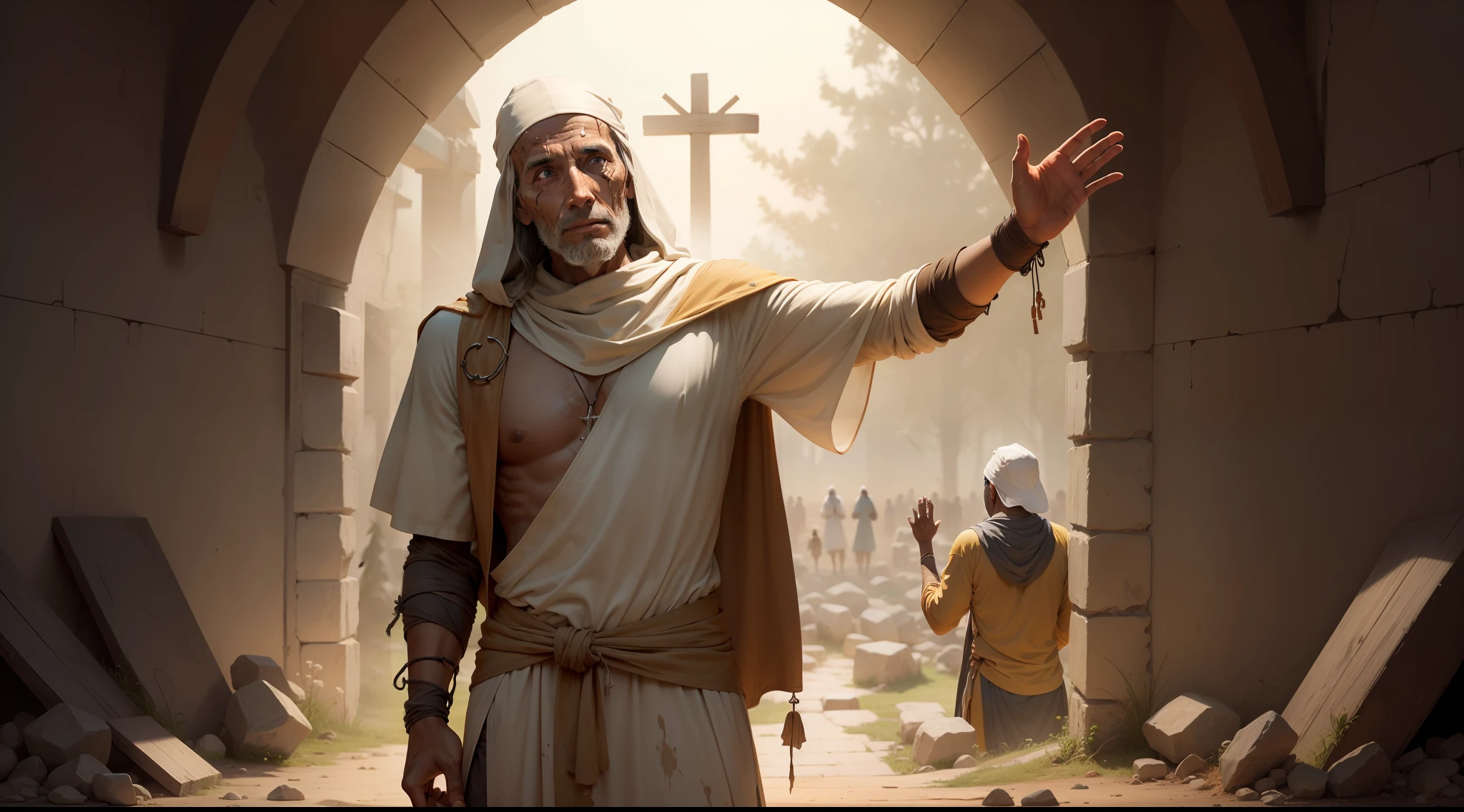 A visual representation of one leper, realizing his healing, returning to Jesus with gratitude.
