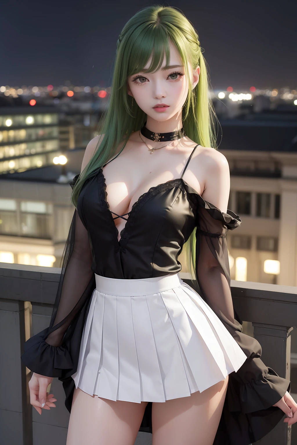 top-quality、超A high resolution、(Photorealsitic:1.4)、(Green Longhair:1.3)、greenhair、(azur lane\)、1girll、(Kpop Idol)、NSFW、In a black dress、slenderbody、Behold、cute little、finerly detailed face、Contrapo、Smooth skin、parfect anatomy、White camisole、Pure black pleated skirt、A city scape、natta、Rain wet type、Professional Lighting、Shopping mall rooftop café、outside of house、no teeth、8K Wallpapers