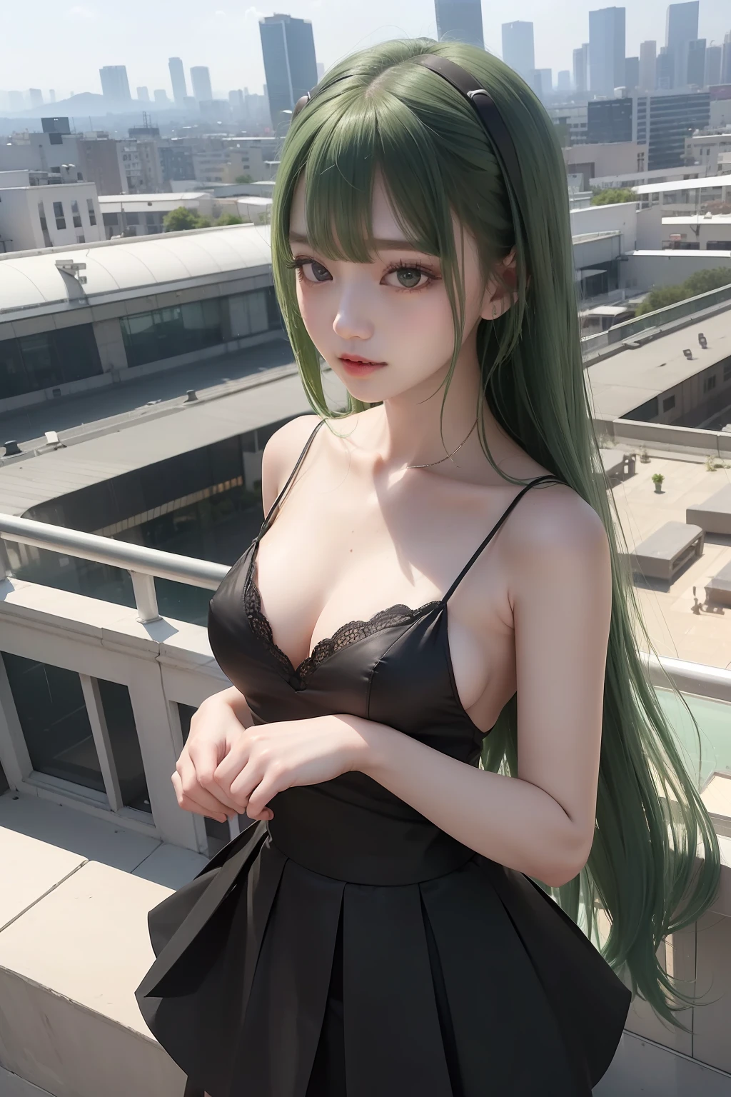 top-quality、超A high resolution、(Photorealsitic:1.4)、(Green Longhair:1.3)、greenhair、(azur lane\)、1girll、(Kpop Idol)、NSFW、In a black dress、slenderbody、Behold、cute little、finerly detailed face、Contrapo、Smooth skin、parfect anatomy、White camisole、Pure black pleated skirt、A city scape、natta、Rain wet type、Professional Lighting、Shopping mall rooftop café、outside of house、no teeth、8K Wallpapers