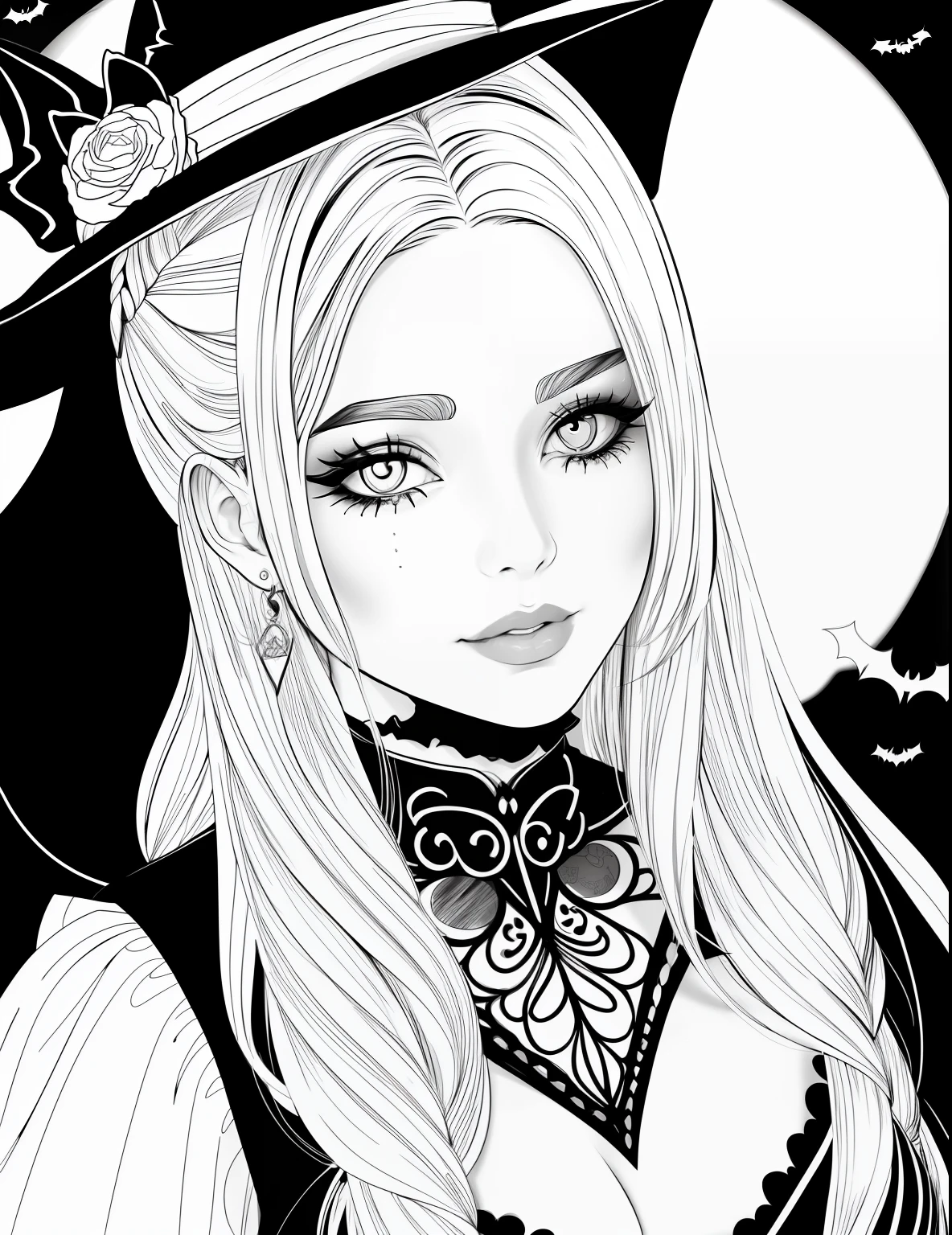 A coloring page with a girl and a cat in a Halloween scene, beautiful witch spooky female, line art colouring page, Retrato de uma jovem bruxa, Bruxa bonita com cabelo longo, black and white coloring, beautiful witch female, coloring book outline, Retrato de uma jovem bruxa, bruxa feminina bonita, clean coloring book page, bela arte de linha, arte vetorial em preto e branco