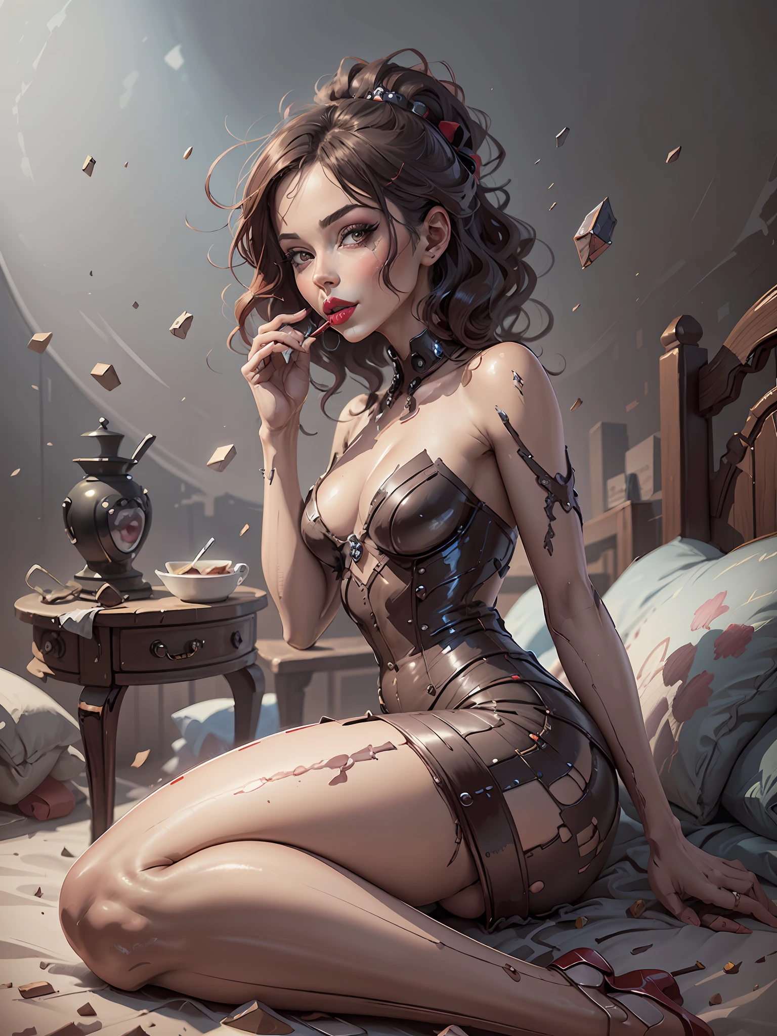 painting of a woman with a lipstick in her mouth sitting on a bed, sultry digital painting, cartoon digital painting, in the art style of bowater, in style of digital painting, digital cartoon painting art, digital art picture, #1 digital painting of all time, # 1 digital painting of all time, digital paining, in style of digital illustration