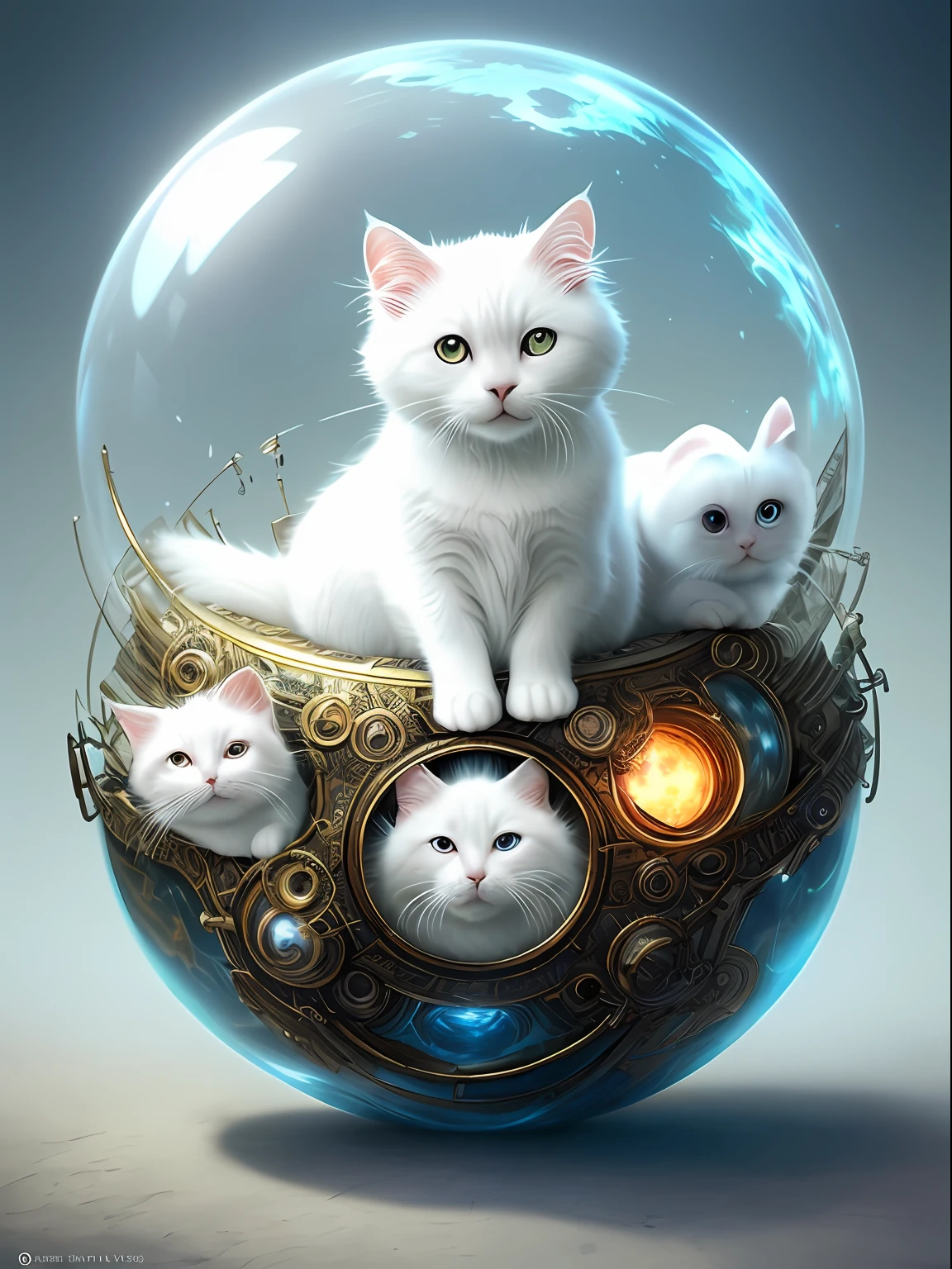 There was a white cat sitting inside a ball,There is a chain around it, 4k highly detailed digital art, 4K detailed digital art, Ross Tran 8 K, furry fantasy art, planet of cats, 4 K detail fantasy, Cute detailed digital art, ross tran and wlop, hyperrealistic fantasy art, intricate wlop, world boss kitten