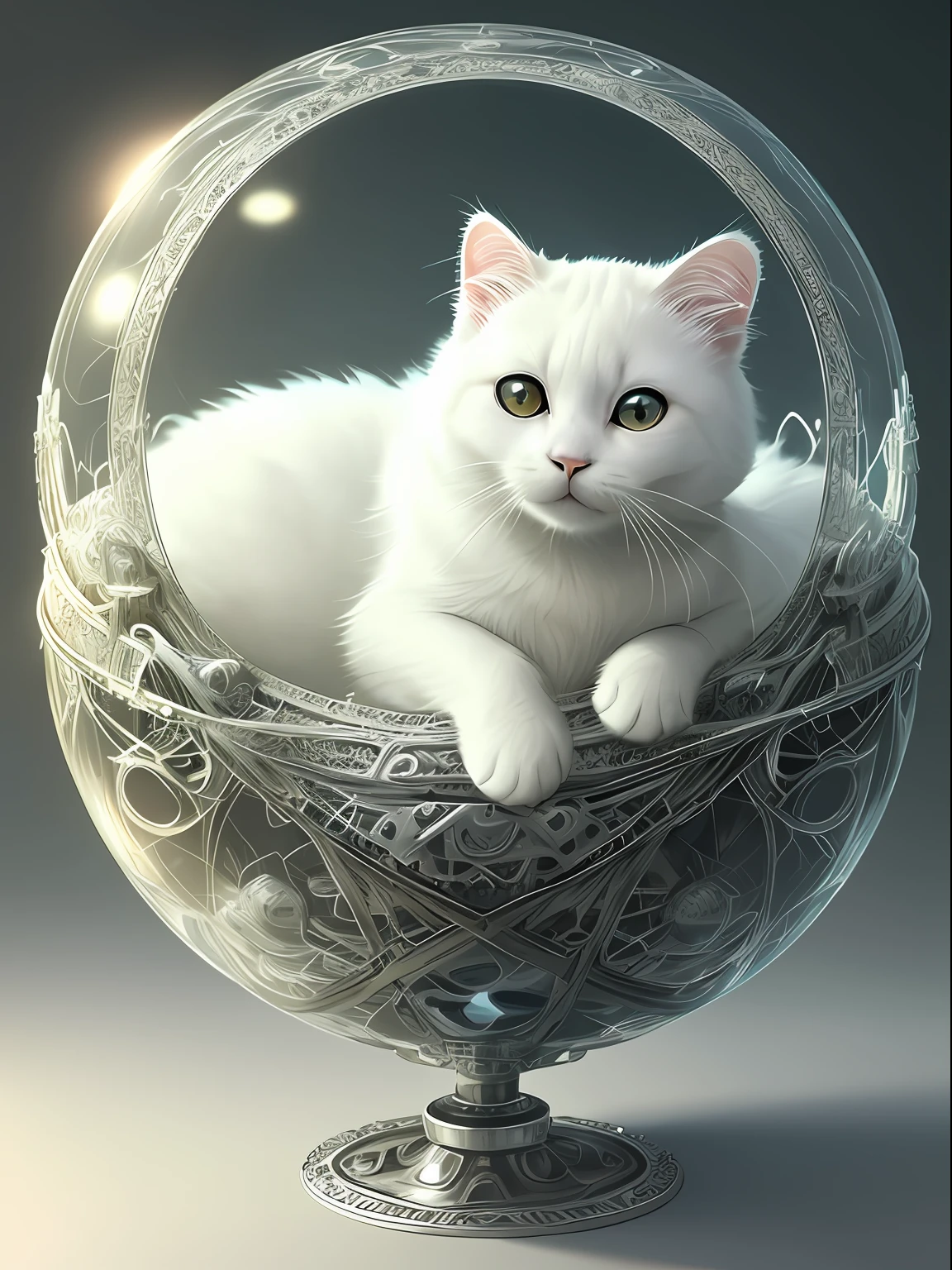 There was a white cat sitting inside a ball，There is a chain around it, 4k highly detailed digital art, 4K detailed digital art, Ross Tran 8 K, furry fantasy art, planet of cats, 4 K detail fantasy, Cute detailed digital art, ross tran and wlop, hyperrealistic fantasy art, intricate wlop, world boss kitten