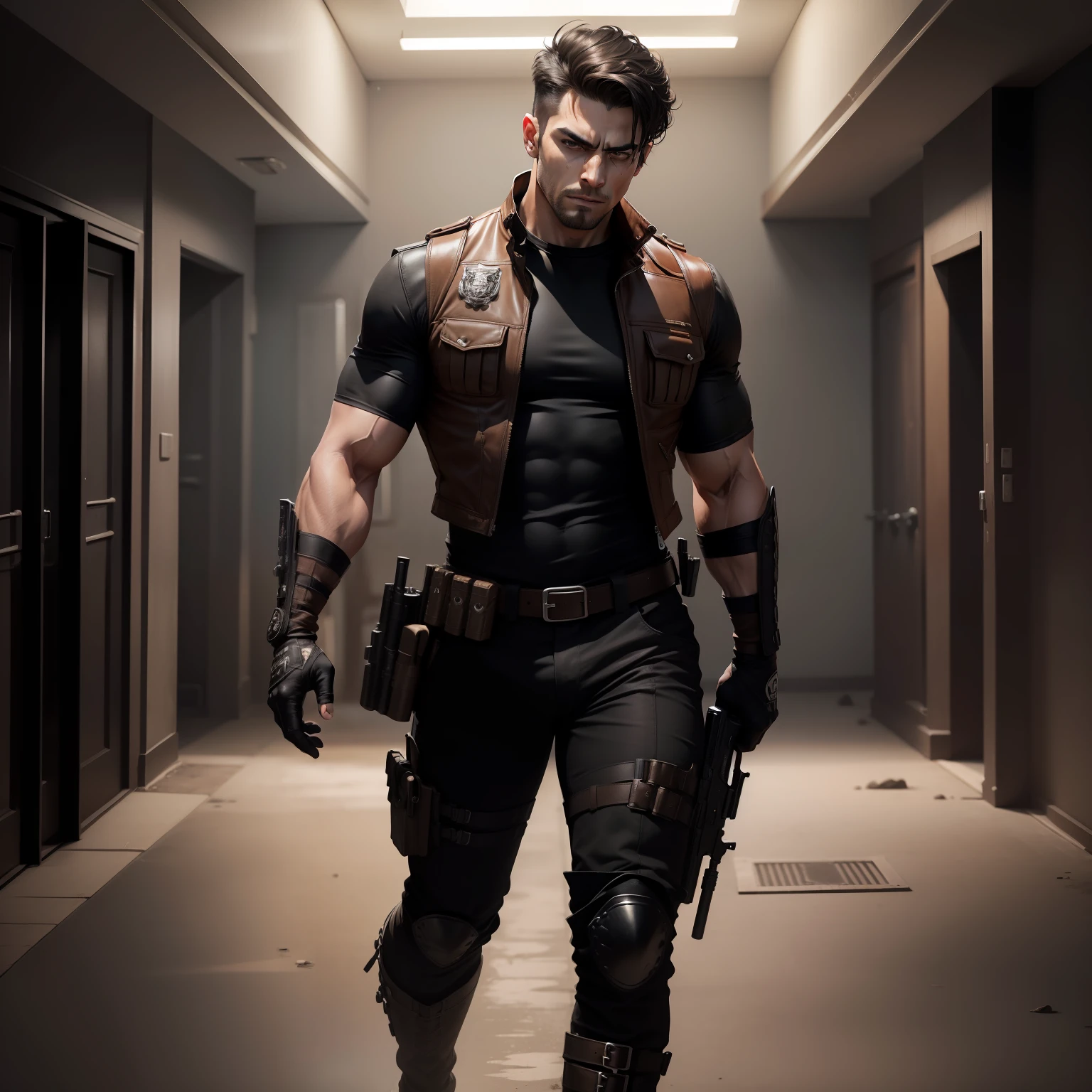 (High res, best quality, masterpiece) adult male, (solo male) harsh lighting 4k, dramatic lighting 4k, full body, athletic build, muscular, rugged look, serious expression, short black hair, brown eyes, (detailed eyes), face: blood stain, (holding, guns: pistols), (detailed guns), bulletproof vest, ((white skull painted on)), ((gloves: black)), shirt: black, boots: brown