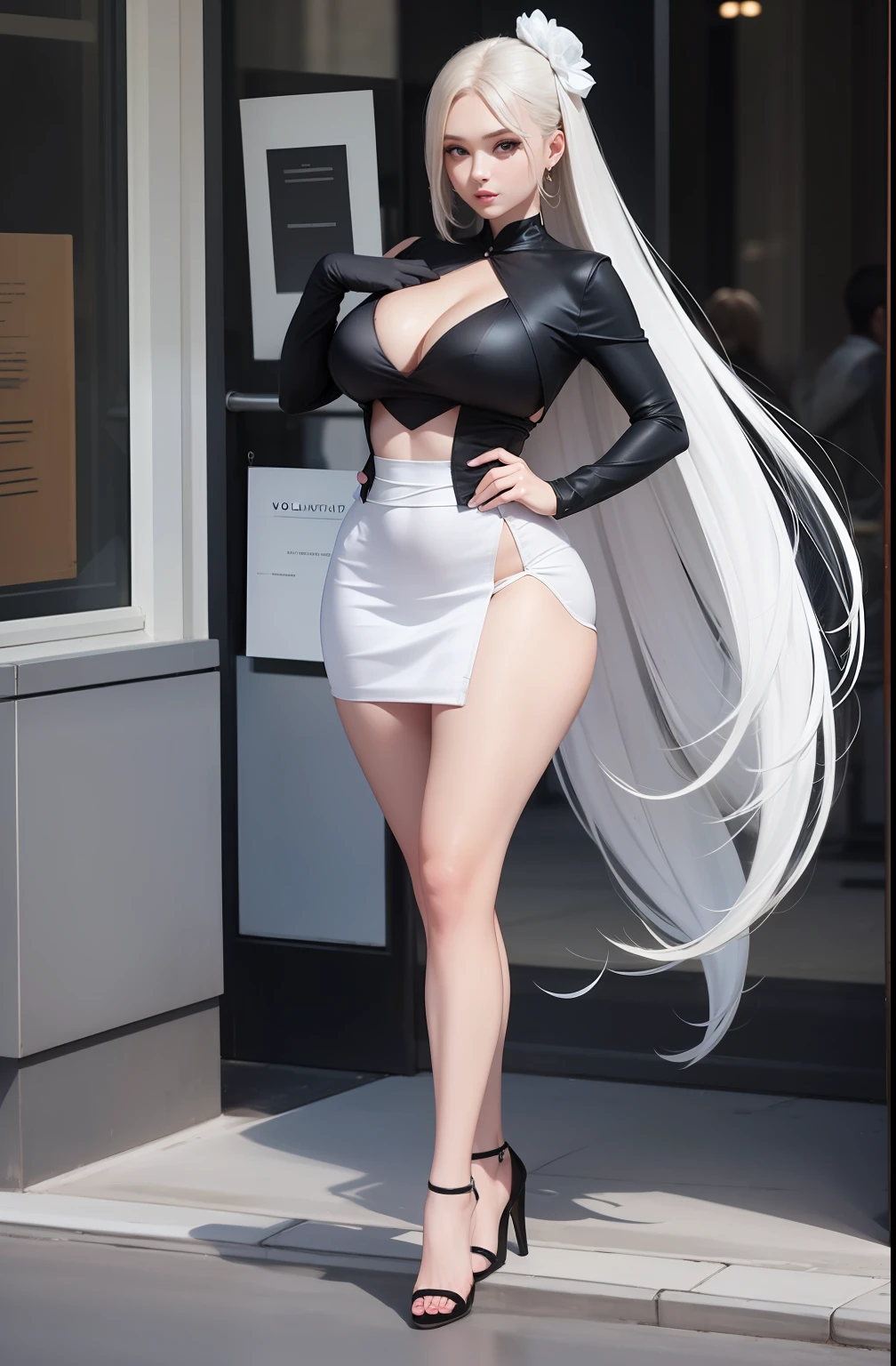 Superskirt,a matural female,voluptuous figure,One leg wears white silk and one leg wears black silk