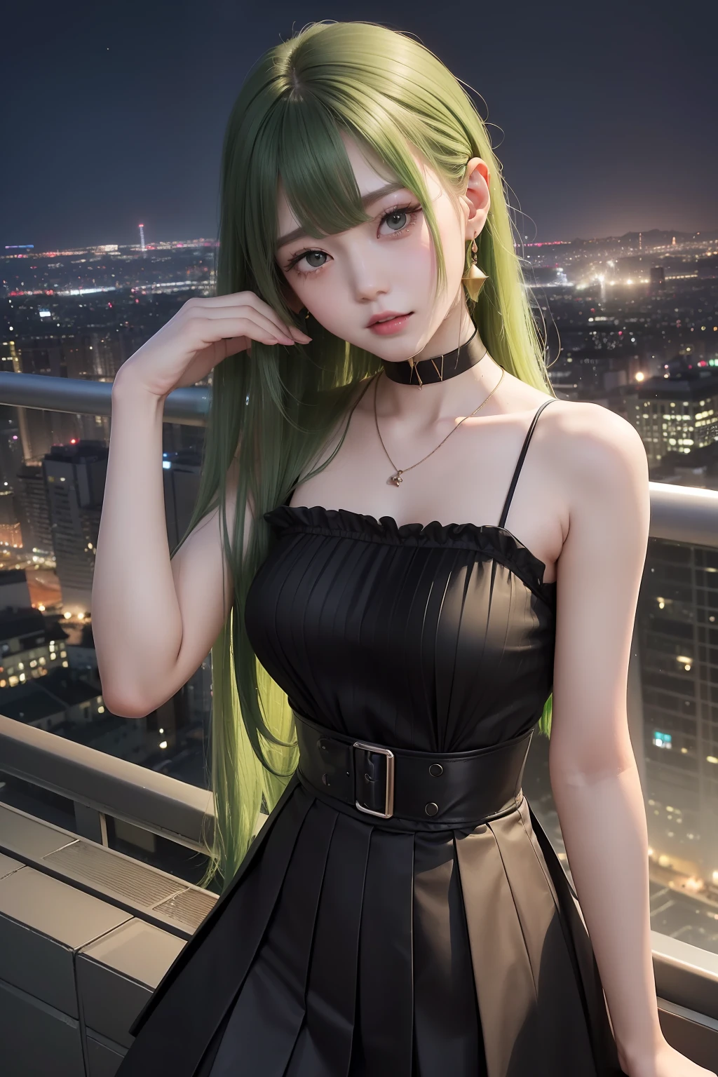 top-quality、超A high resolution、(Photorealsitic:1.4)、(Green Longhair:1.3)、greenhair、a necklace、(azur lane\)、1girll、(Kpop Idol)、NSFW、In a black dress、slenderbody、Behold、cute little、finerly detailed face、Contrapo、Smooth skin、parfect anatomy、White camisole、Pure black pleated skirt、A city scape、natta、Rain wet type、Professional Lighting、Shopping mall rooftop café、outside of house、no teeth、８K Wallpapers