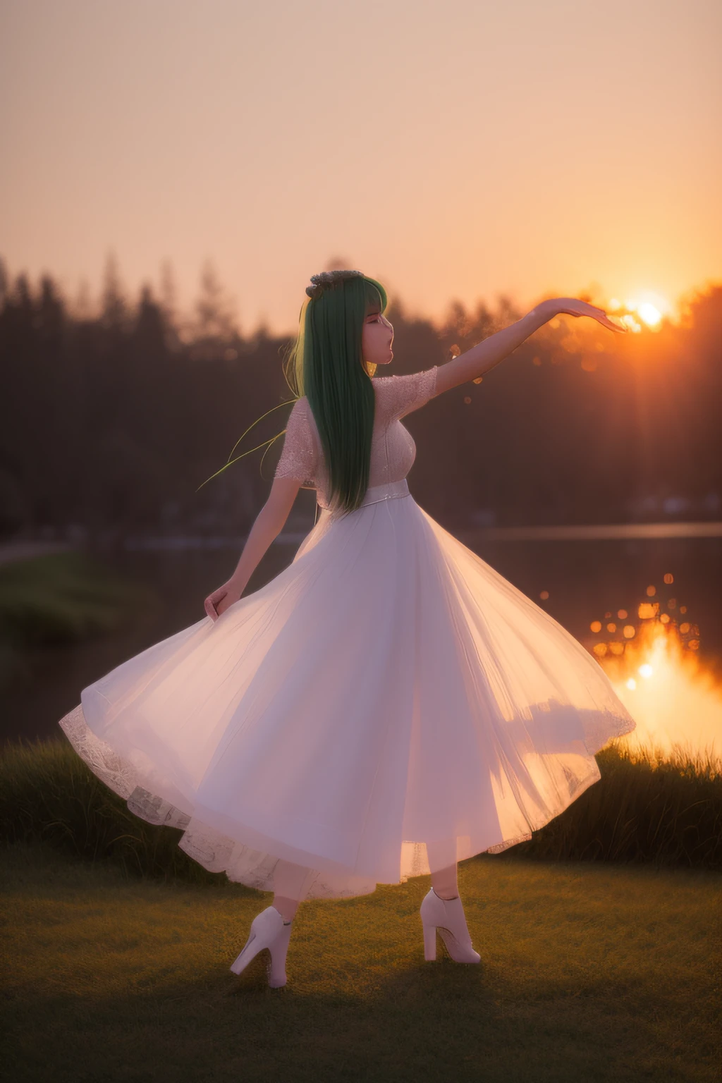 《Quacks and lakes bloom,Electric flashing》Ultra HD CG 8k wallpaper,Absolutely beautiful and ethereal,Dynamic stance,1 female character,eBlue eyes,Colorful hair color(silber hair:1.3,redheadwear:1.2,Purple hair big breasts、Yellow-haired:1.3,Green hair:1.3),White martial arts costume,Water drop dot screen,Sunset in the clouds,Expansive views,Watercolor silhouette。