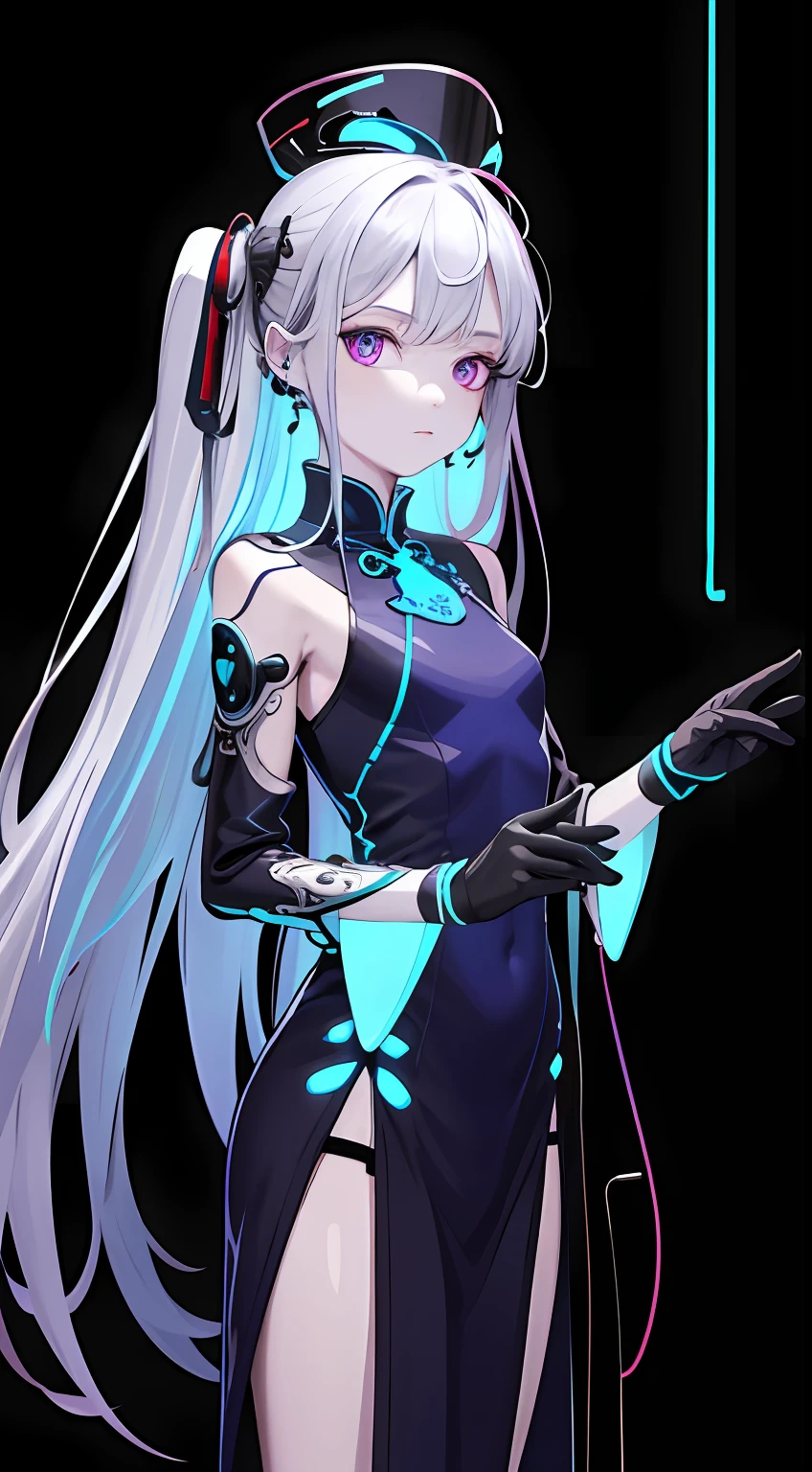 (flat color),colorful,(masterpiece:1,2), best quality, masterpiece, highres, original, extremely detailed wallpaper, looking at viewer, (white background), detailed face, (intricate mecha bodystocking), masterpiece, best quality, jiangshi, pale skin, purple eyes, expressionless, mechanical tentacles, mecha, cyberpunk, wearing mechanical armor suit, science fiction, blue, earphones, (LED lights decoration),slime,hat,
[neon palette, neon lights, Wire, Transmission tube, electric, energetic],
chinese clothes, china dress,
[[skull, bones, exo-skeleton]],
cowboy shot, girl focus,origin,