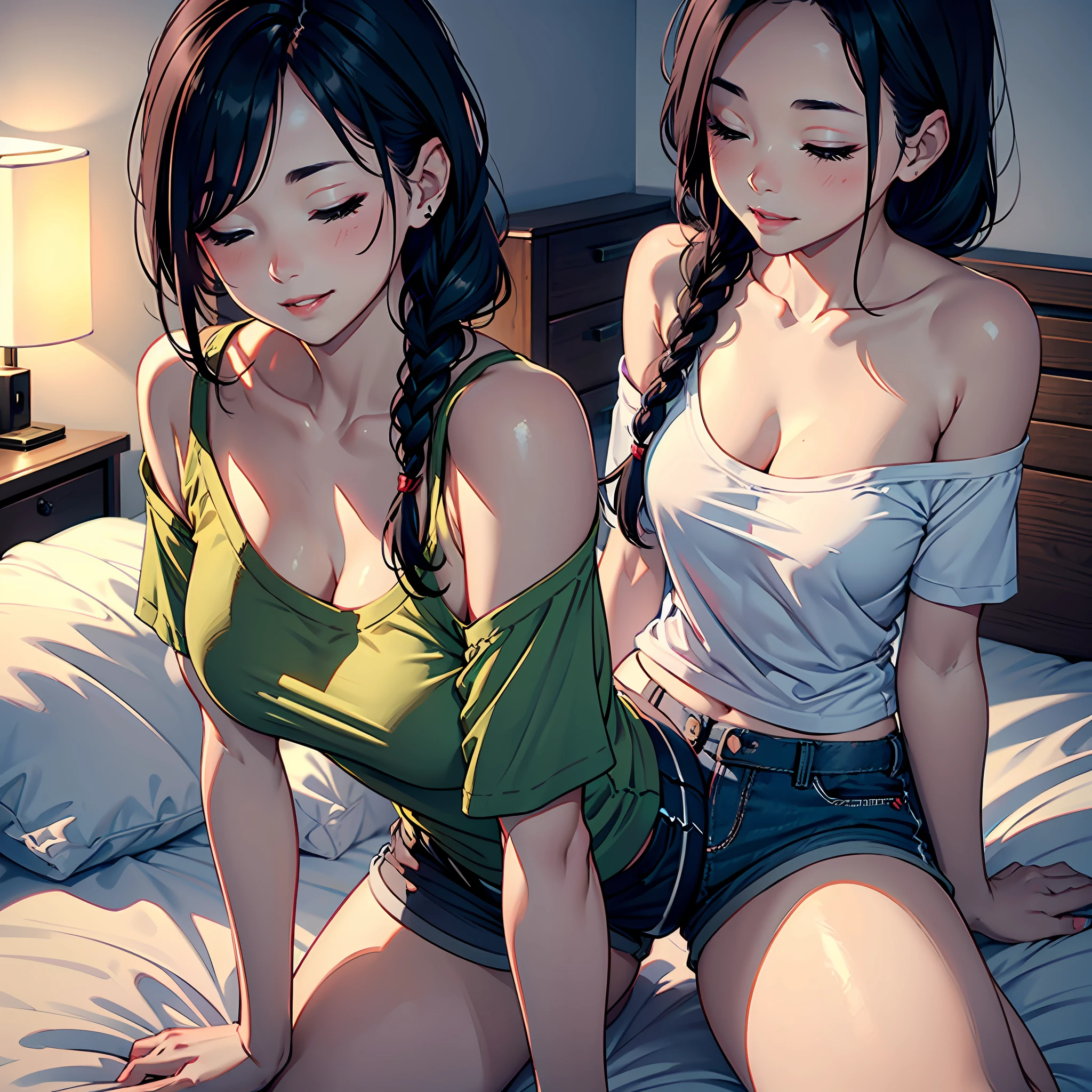 Sexy woman, black hair, single braid, long forehead, eyes closed, lips parted smiling, deepest blush, off shoulder olive green t shirt and blue short shorts, lying on bed, very seductive, aroused