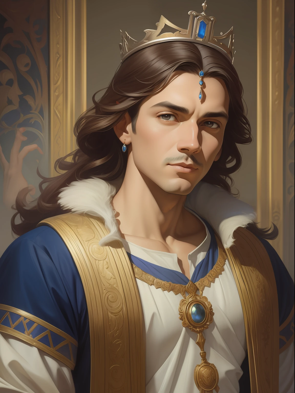 Um lindo retrato realista ultrafino do Rei Da um homem Hebreu, longos cabelos castanho, with a crown and a scepter in his hand, longa barba castonho, wearing white tunic, em vista frontal, corpo inteiro, biblical, realista,no deserto detalhes intrincados, por abbott fuller graves, bartolome esteban murillo, jc leyendecker, craig mullins, peter paul rubens, (caravaggio), trend in artstation, 8k, Concept Art, PhotoRealistic, Realistic, Illustration, Oil Painting, Surrealism, HyperRealistic, brush brushes, Arte digital, estilo, aquarel