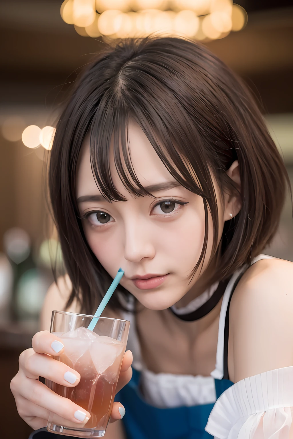 (Female bartender serving beautiful cocktails at dimly lit bar counter,),(( White and black bartender uniform,))、Japan Idol Girl、A smile、(Reddish brown straight bob cut hair、hair pin)、huge-breasted、(((Pour the ice cubes into a shiny glass container,、Enjoy a colorful blue cocktail inspired by summer,))),Beautiful fingers,Beautiful fingertips,gazing at viewer、