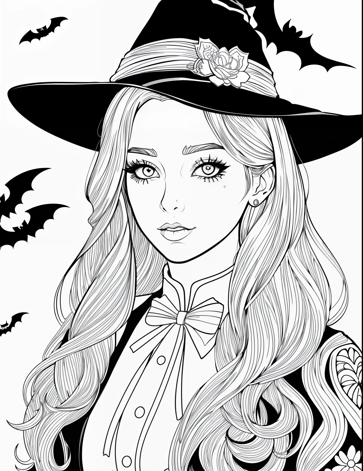 A coloring page with a girl and a cat in a Halloween scene, beautiful witch spooky female, line art colouring page, Retrato de uma jovem bruxa, Bruxa bonita com cabelo longo, black and white coloring, beautiful witch female, coloring book outline, Retrato de uma jovem bruxa, bruxa feminina bonita, clean coloring book page, bela arte de linha, arte vetorial em preto e branco