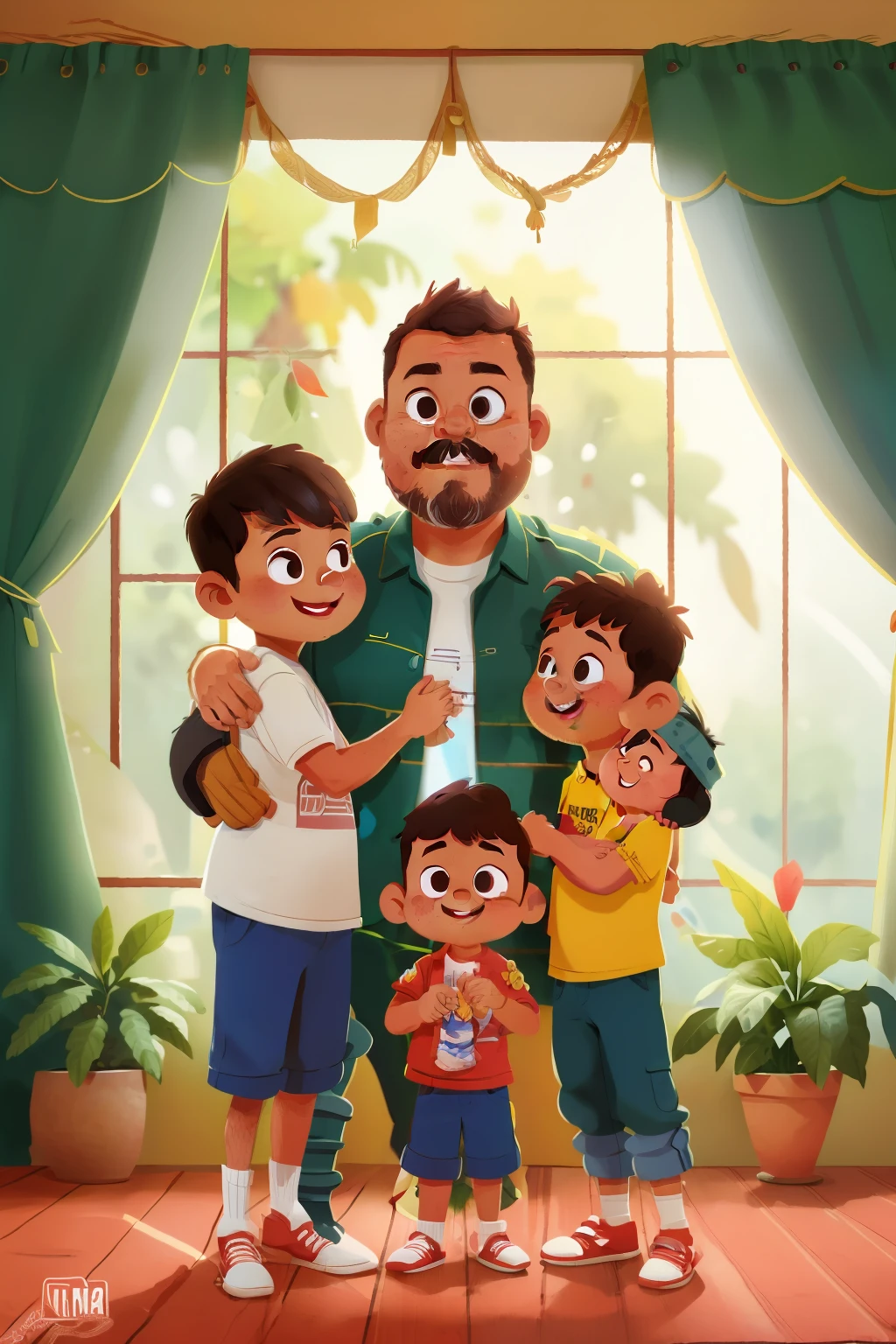 guttonervision8, ((best quality)), ((master part)), ((desenhos animados realistas)), ((Personagem perfeito)) - Um retrato emocionante que captura o amor entre um pai e seus dois filhos, uma filha e um filho. O pai, com barba estilo lenhador e cabelo castanho estilo militar, hugs the little ones with affection. A filha, aproximadamente 3 anos de idade, e o filho, por volta dos 10 anos, Ambos expressam alegria e felicidade ao compartilharem um momento amoroso com o pai. The image is meticulously detailed, rendered in UHD resolution with stunning realism, allowing all emotions and characteristics to shine through in this moving portrait of a father and his children.