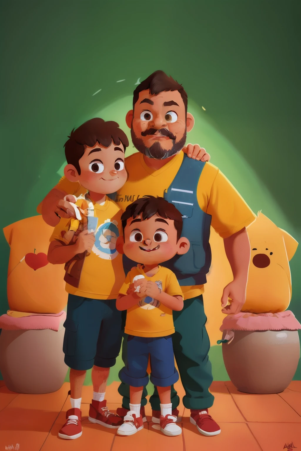guttonervision8, ((best quality)), ((master part)), ((desenhos animados realistas)), ((Personagem perfeito)) - Um retrato emocionante que captura o amor entre um pai e seus dois filhos, uma filha e um filho. O pai, com barba estilo lenhador e cabelo castanho estilo militar, hugs the little ones with affection. A filha, aproximadamente 3 anos de idade, e o filho, por volta dos 10 anos, Ambos expressam alegria e felicidade ao compartilharem um momento amoroso com o pai. The image is meticulously detailed, rendered in UHD resolution with stunning realism, allowing all emotions and characteristics to shine through in this moving portrait of a father and his children.