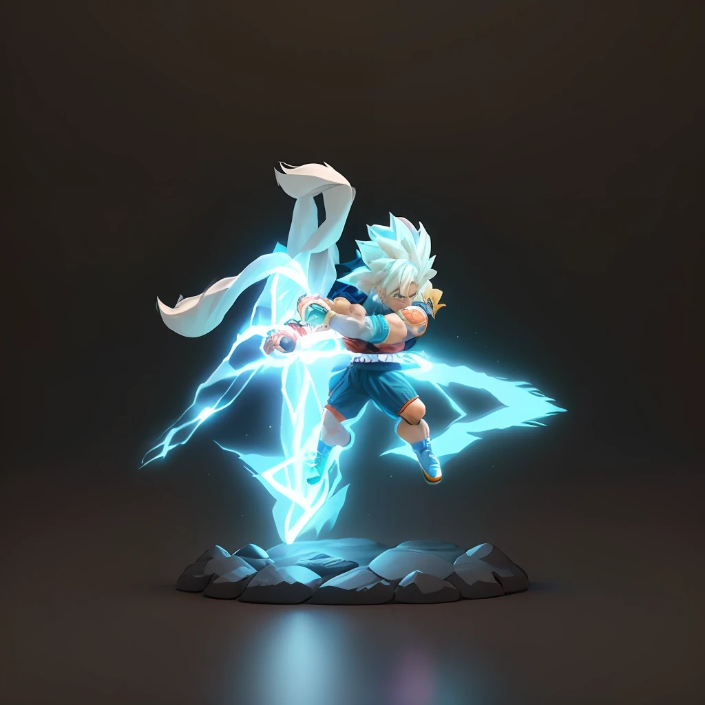 Goku, super saiyan, exquisite hair, arm depiction, white and blue hair body, exquisite shoes, eye depiction, exquisite hair, popmart blind box, clay texture, stepping on the land, black and white background, natural lighting, most good quality, super detail, 3D art, c4d, OC renderer, 3D rendering, 8k