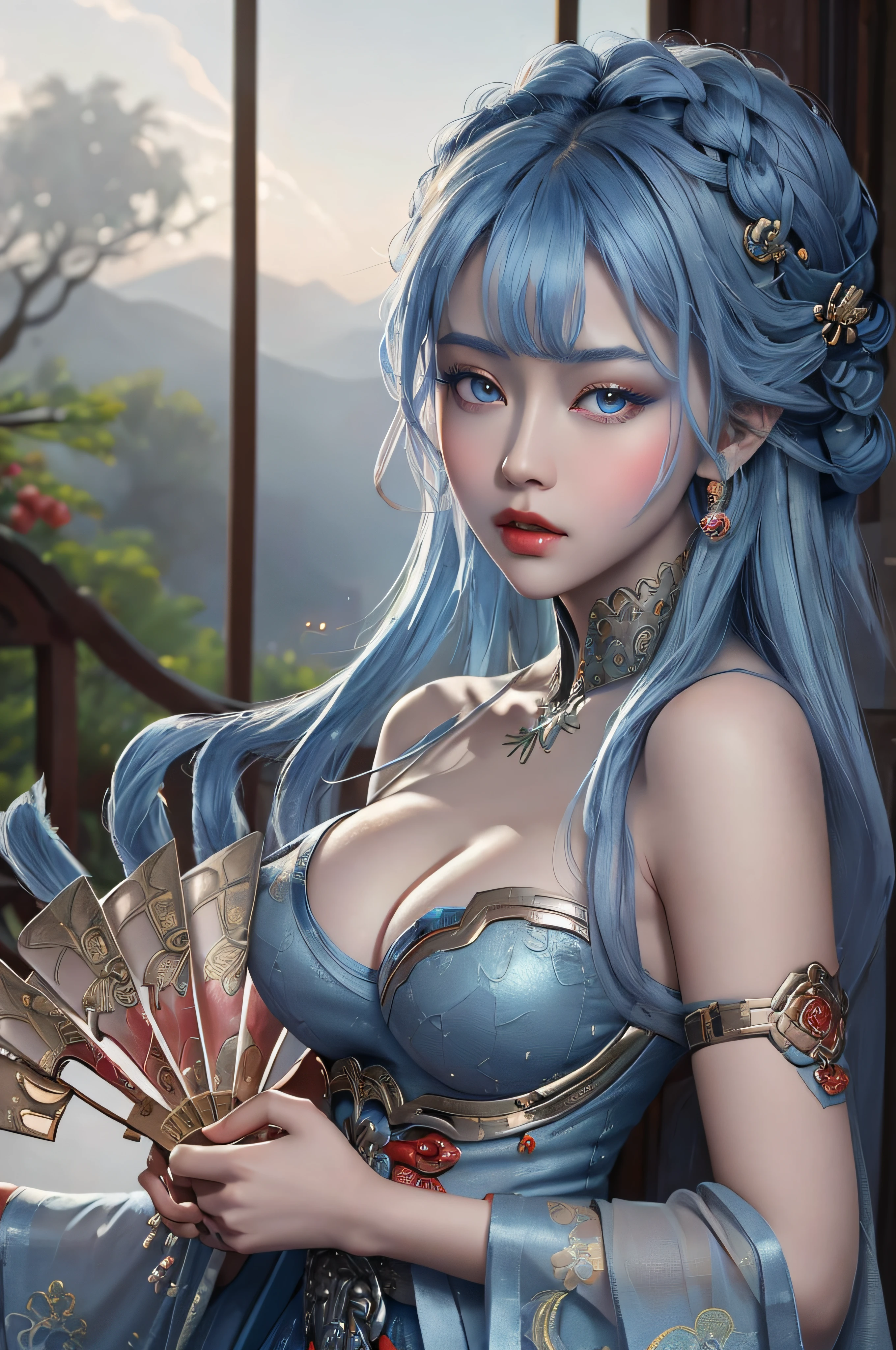 Shiny rosy skin, (glowing skin), glowing goddess,lipstick lips red, thin and beautiful lips, mouth closed, characters made by karol bak and pino daeni, intricate detail, detailed background, extremely detailed, light magic, a woman, clear face,beautiful face in detail and well-proportioned eyes, (transparent blue eyes: 1.8), big round eyes and very beautiful and detailed makeup, foresight, Realistic and vivid photo, highres, sharp focus, pixiv masterpiece, ((intricate details)), highly detailed, upper body,((big breasts)),((big breasts)), 1girl, solo, long hair, looking at viewer, hair ornament, dress, holding, bare shoulders, closed mouth, blue hair, yellow eyes, braid, artist name, covered navel, blue dress, chinese clothes, china dress, hand fan, folding fan, light blue hair, holding fan, Jordyn Huitema, (masterpiece,best quality:1.5), (masterpiece,best quality:1.5), Hold the fan with the right hand, the left hand does not hold the fan, Chinese imperial palace, feudal China, wooden castle, lake, (lantern), sparkling, (masterpiece,best quality:1.5), (masterpiece,best quality:1.5),fiction art, RAW photo, hanfu picture, best photo, best photo quality, 8k quality, 8k ultra, super realistic, real photo most economical, the goddess poses sexy and seductive,