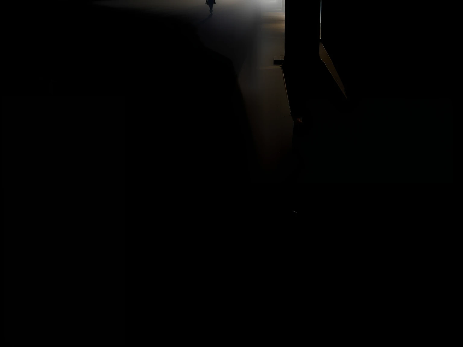 Shadow of a person walking on a sidewalk on a dark mist street, He was walking through a dark, misty city, Travel through the dark, misty city, man walking, contrast of light and shadow, lonely human walking, man walking through city, Strong shadows), an approaching shadow, high contrast light and shadows, consist of shadow, shadows and light, 'lone dark figure'!!