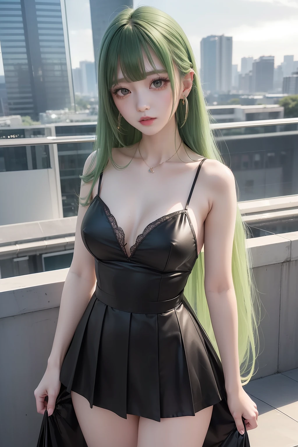 top-quality、超A high resolution、(Photorealsitic:1.4)、(Green Longhair:1.3)、greenhair、piercings、(azur lane\)、1girll、(Kpop Idol)、NSFW、Dress appearance、slenderbody、Behold、cute little、finerly detailed face、Contrapo、Smooth skin、parfect anatomy、White camisole、Pure black pleated skirt、A city scape、natta、Rain wet type、Professional Lighting、Shopping mall rooftop café、outside of house、no teeth、８K Wallpapers