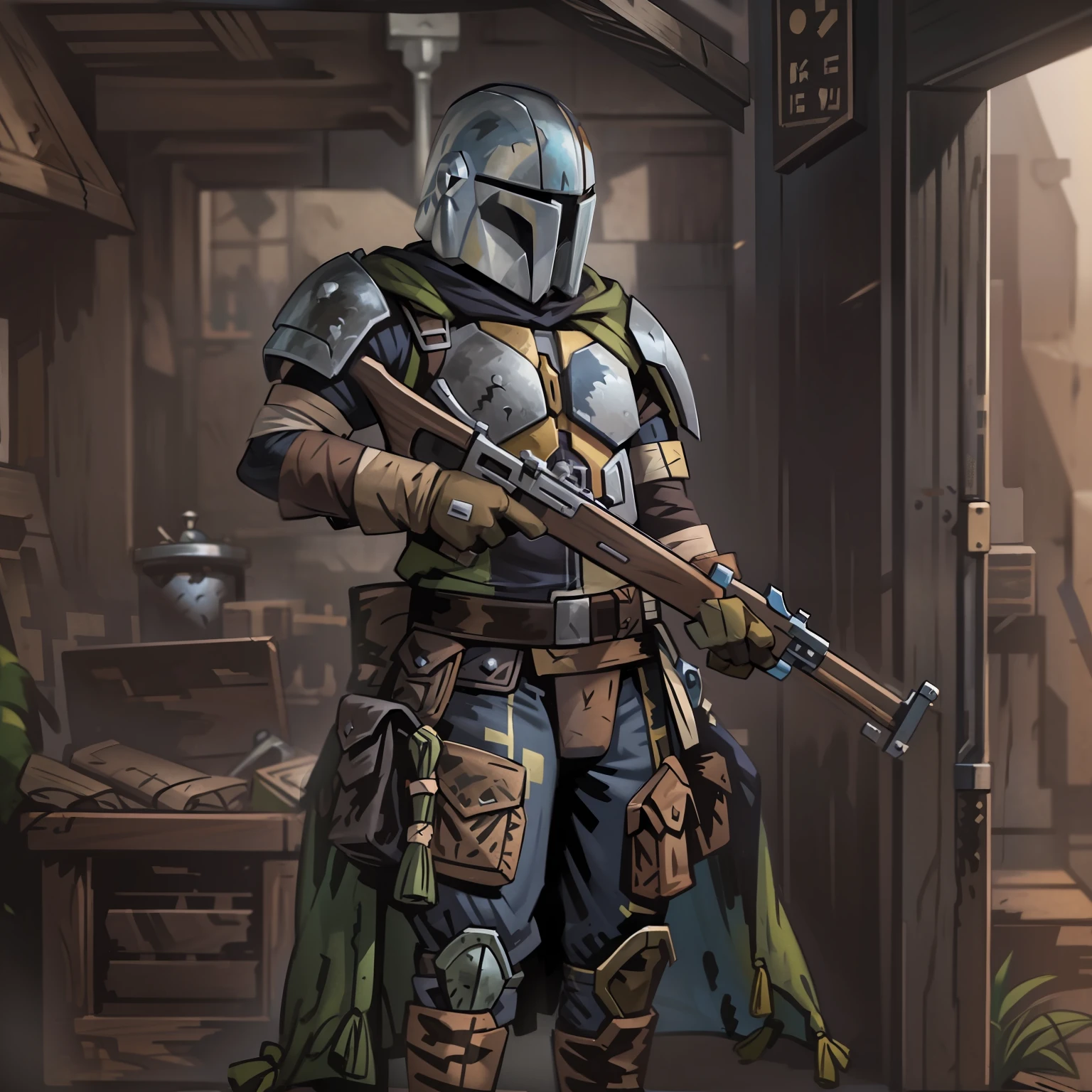 The mandalorian holding a rifle