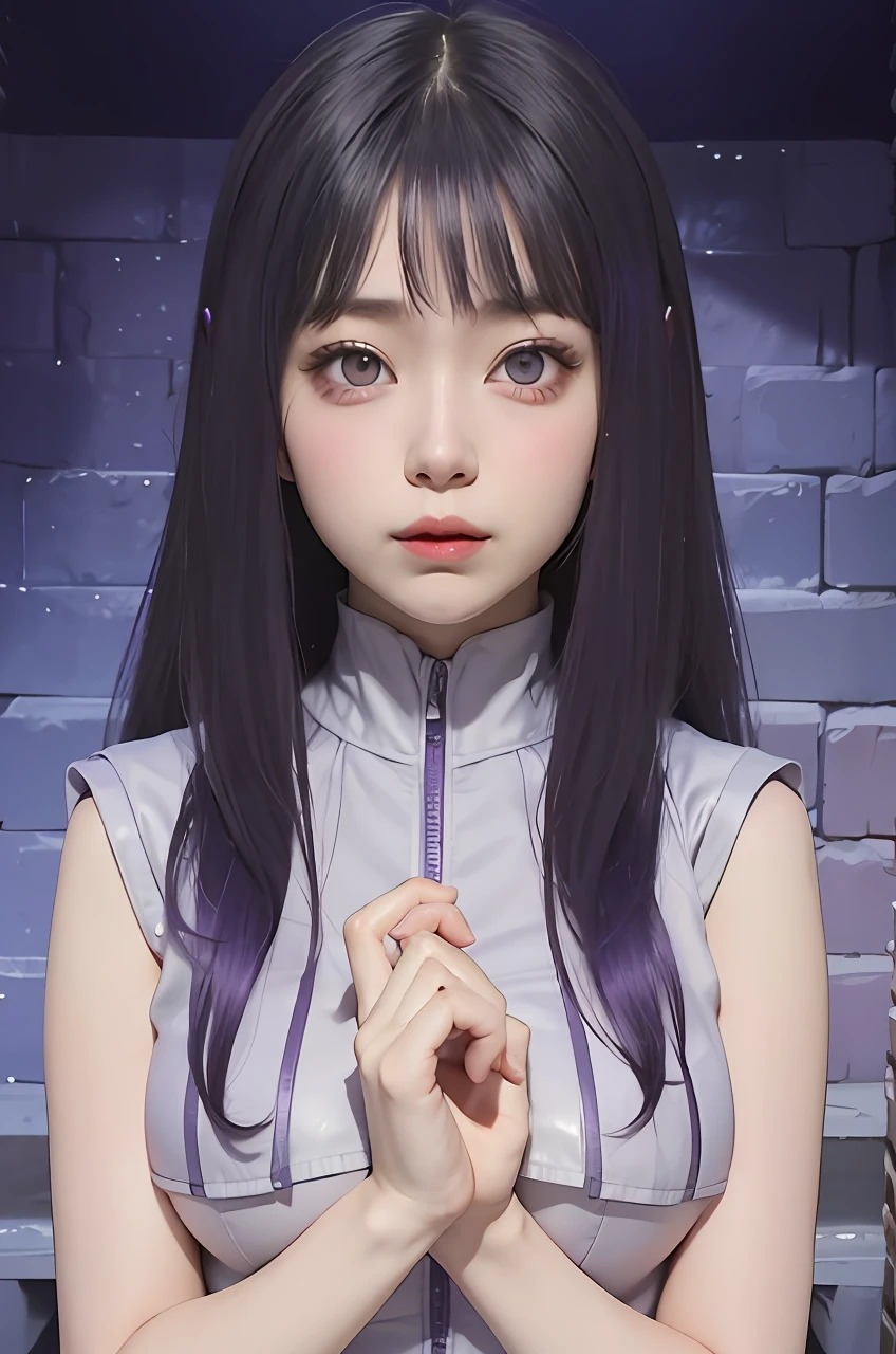 1girl, hyuga hinata, purple hair, white eyes, long hair, purple clothes, big breasts, realistic, ultra detail, indoor background