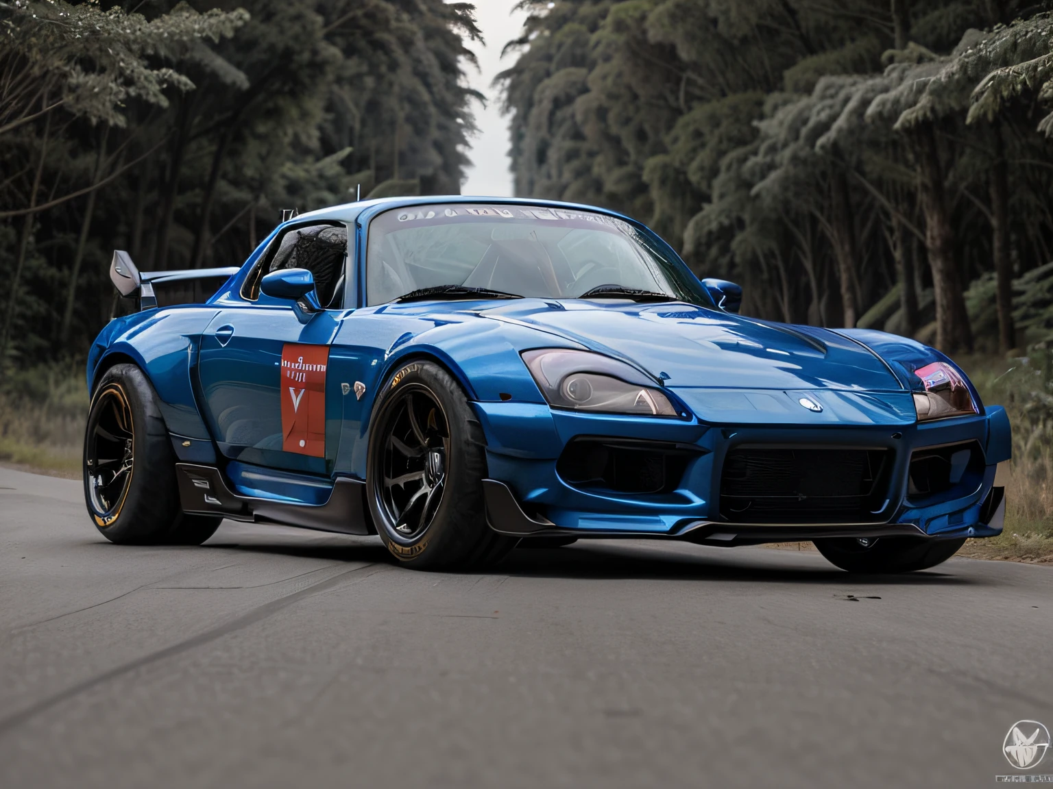 uma vista frontal 3/4 dos ((futurista cyberpunk Honda S2000 )) (com pneus brilhantes), no meio da estrada em uma floresta,