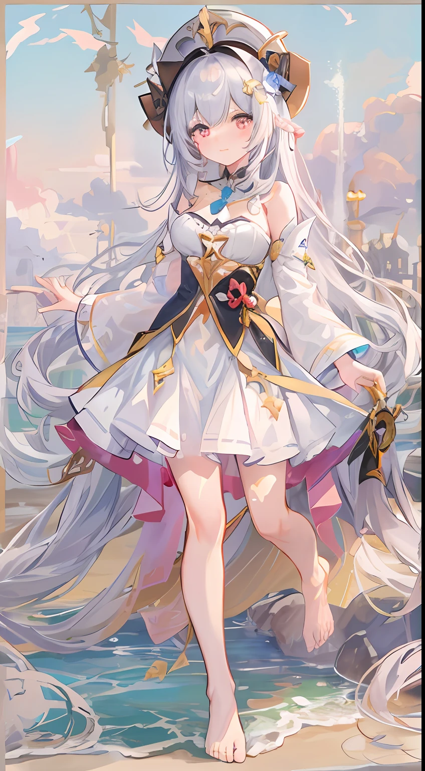 ((genshin impact,Nasida)),Ultra-high sharpness,Works of masters,tmasterpiece,HighestQuali,((1 Toddler Loli 1:2,独奏)),The facial features are delicate and delicate,Tall figure,Shiny hair,Long white hair,Braided hair,Wear a cute pink dress,mini-skirts,(beautifullegs,Barefoot,foot ring),(the sea,sandbeach,coconut palms),Sun spots,volumettic light,Beautiful CG,perfectquality,Highest image quality,16k,depth of fields,Normal character ratio,depth of fields,(Full body like),standing on your feet,Whole-body proportions