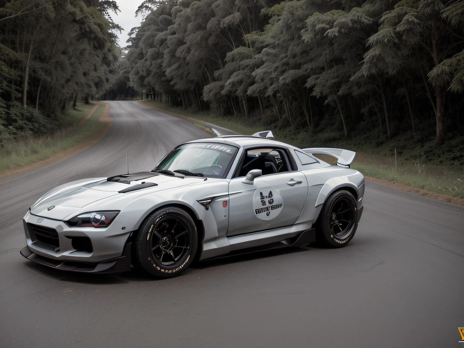 uma vista frontal 3/4 dos ((futurista cyberpunk Honda S2000 )) (com pneus brilhantes), no meio da estrada em uma floresta,