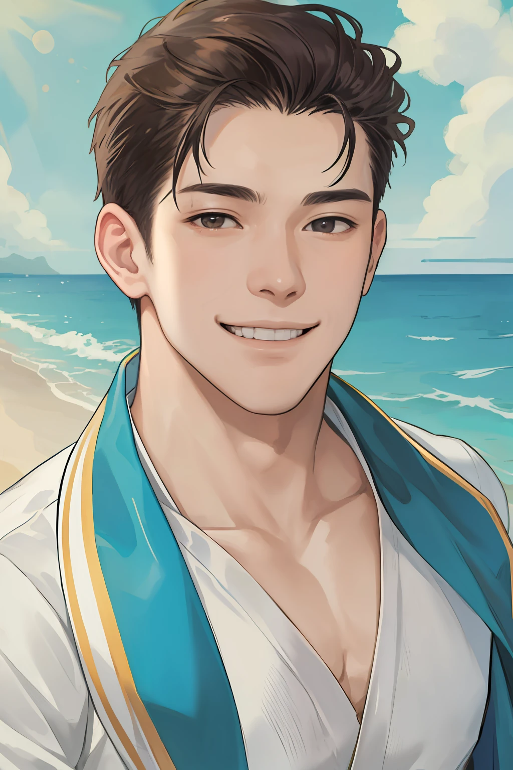 masterpiece, best quality, realistic, 1man, male focus, tall muscular, handsome, smile, closed mouth, suit, portrait, extremely detailed face, ocean,summer