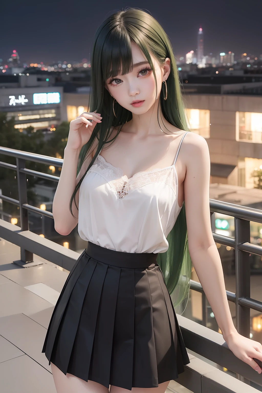 top-quality、超A high resolution、(Photorealsitic:1.4)、(Green Longhair:1.3)、Green Shorthair、piercings、(azur lane\)、1girll、(Kpop Idol)、NSFW、Dress appearance、slenderbody、Behold、cute little、finerly detailed face、Contrapo、Smooth skin、parfect anatomy、White camisole、Pure black pleated skirt、A city scape、natta、Rain wet type、Professional Lighting、Shopping mall rooftop café、outside of house、no teeth、8K Wallpapers