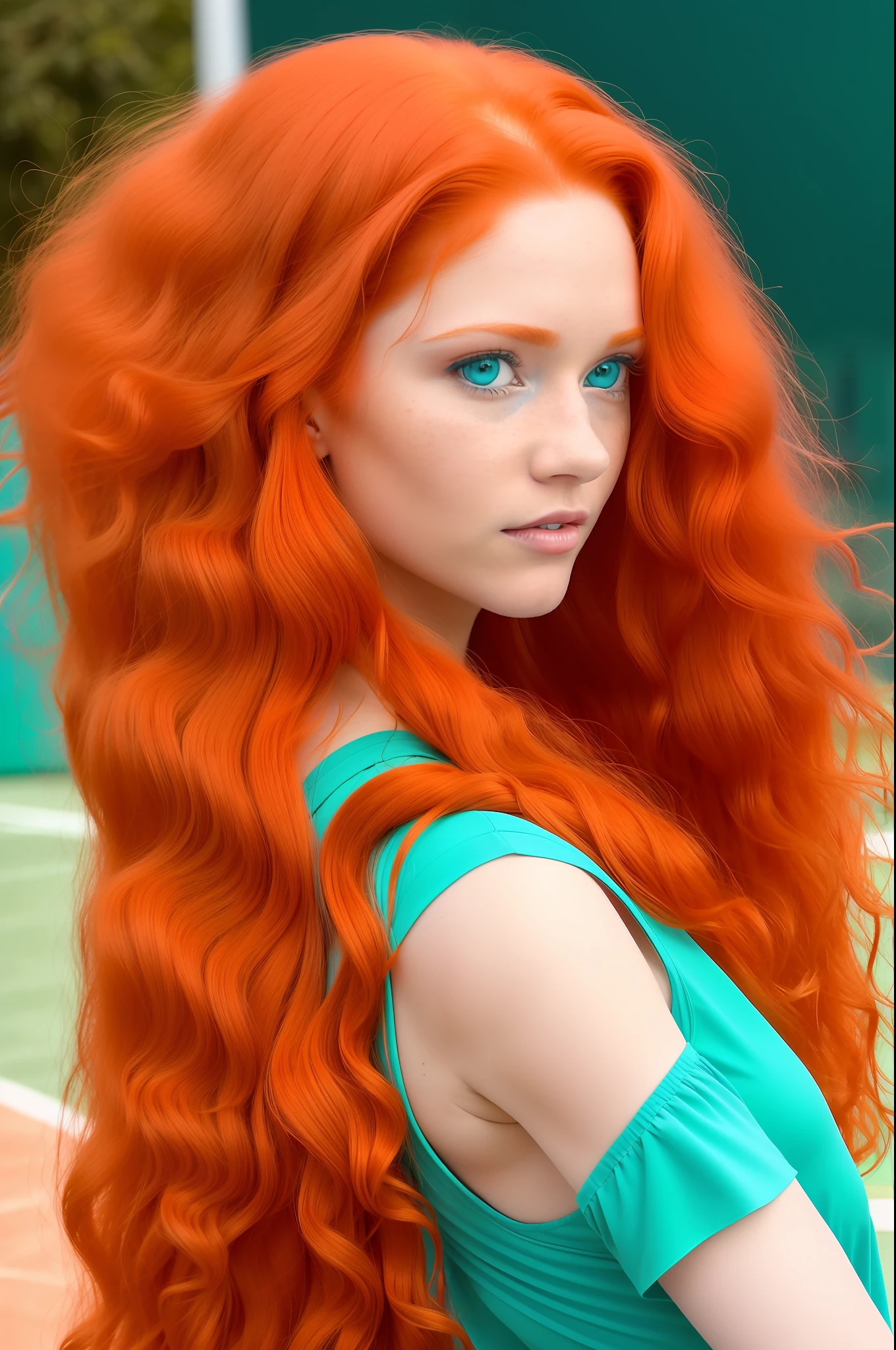 ((light skin tone)) Irish woman with long red hair and ((turquoise blue eyes)) walking on a tennis court, Brazil, Redhead Girl, beautiful straight hair redhead woman, Brazilian Supermodel, Brazilian, , redhead woman, Brazil with long red hair, goddesses, beautiful model, Barbara Hammer 4k, redhead girl, cute young man, Goddess of red hair, ((side view))