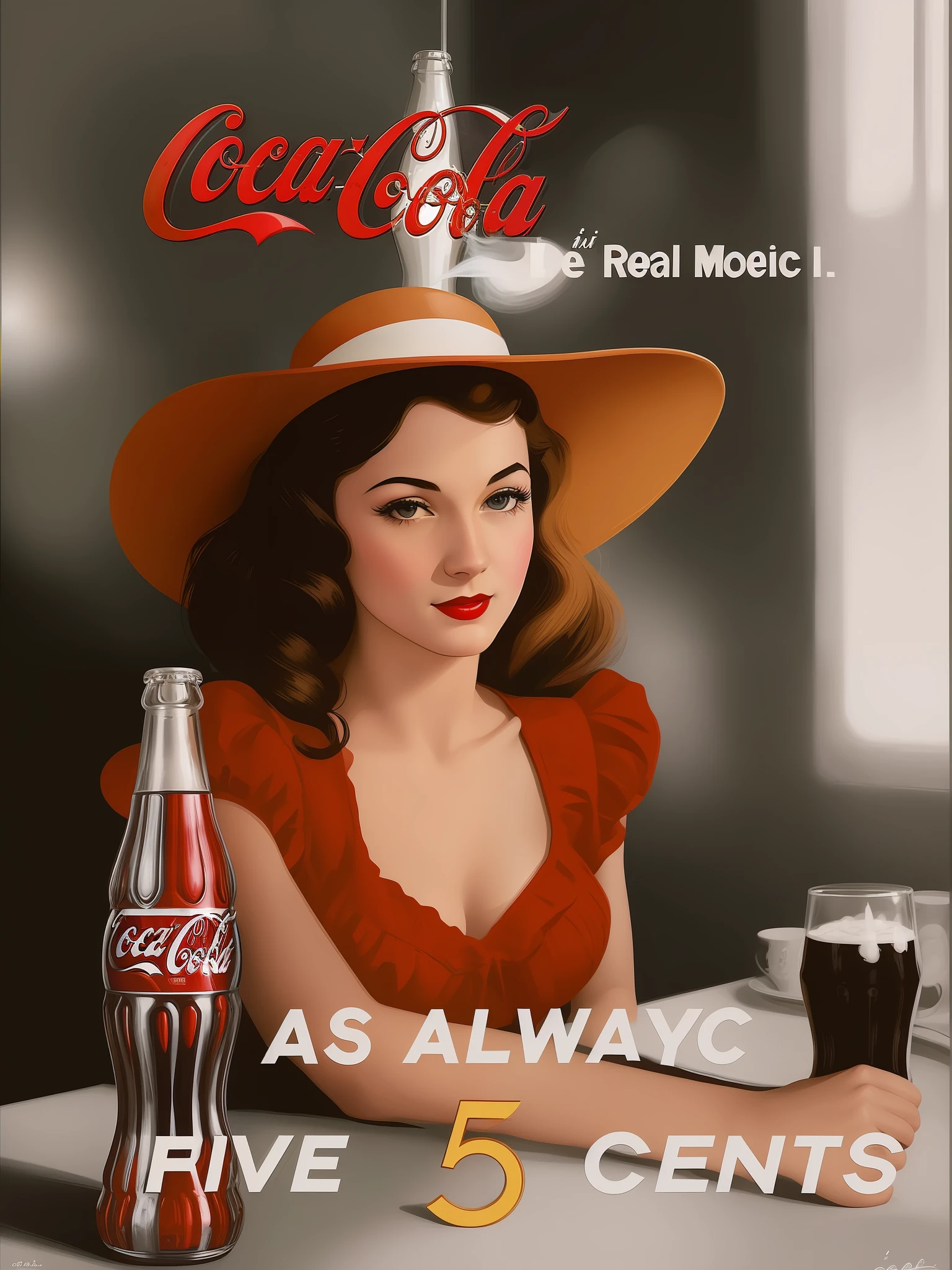 coca cola advert real magic as always five cents, inspired by Dorothy Coke, coka-cola advertisement, drinking a bottle of coca-cola, soda themed girl, inspired by Evaline Ness, retro poster, retro ad, film noir realistic, in style of digital illustration, promotional poster, inspired by Rolf Armstrong, in style of campbell addy, in style of digital art