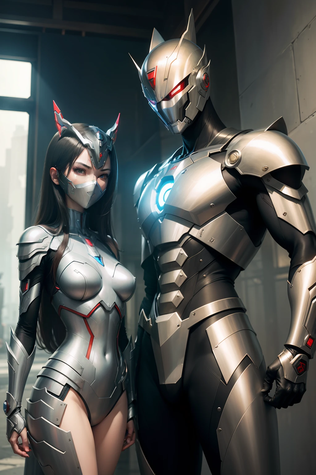 masterpiece、top-quality、hight resolution、realisitic、Two warriors of both sexes、Upper part of the metal body、 adult woman、Slender tall woman、Adult male、Slender macho men、Both are wearing masks covering their faces.、Ultraman、Mecha Ultraman、Golden、Transparent、(Stance:1.1)、Biomechanics、 Megacities of the future、Dramatic Lighting、Sword in hand、