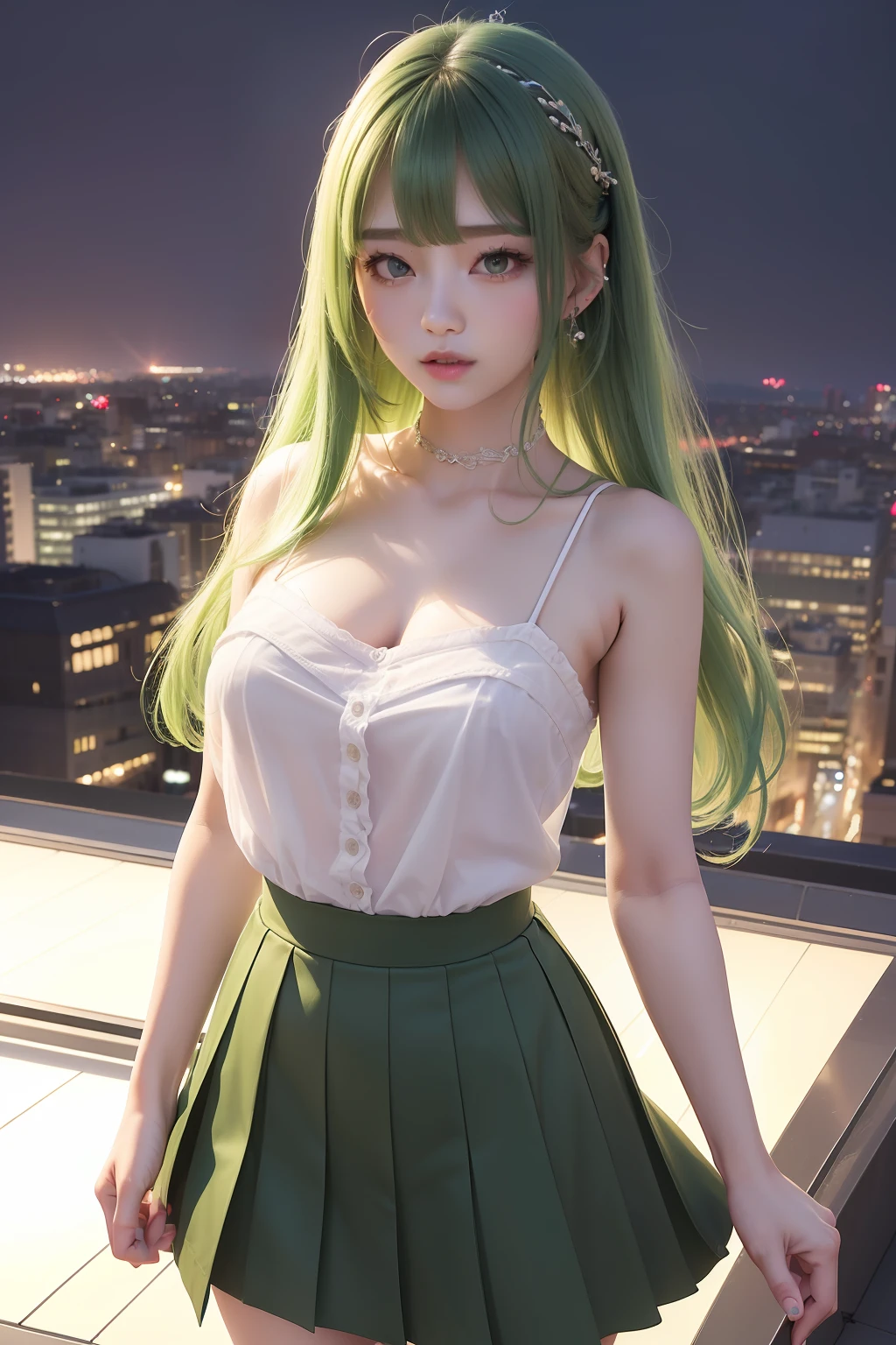 top-quality、超A high resolution、(Photorealsitic:1.4)、(Green Longhair:1.3)、Green Curl Hair、piercings、(azur lane\)、1girll、(Kpop Idol)、NSFW、Dress appearance、slenderbody、Behold、cute little、finerly detailed face、Contrapo、Smooth skin、parfect anatomy、White camisole、Pure black pleated skirt、A city scape、natta、Rain wet type、Professional Lighting、Shopping mall rooftop café、outside of house、no teeth、８K Wallpapers