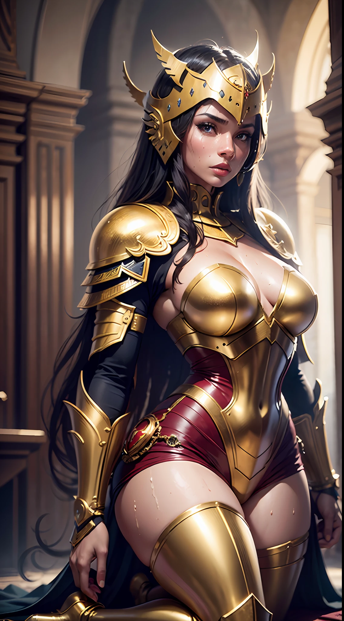 Ultra realistic, high resolution, ultra 8K, black woman, 30 years old, sweaty skin, athletic body with golden armor and red color, King's clothing, a cybernetic King knight, Ultra resolution, Desert castle throne, kneeling.