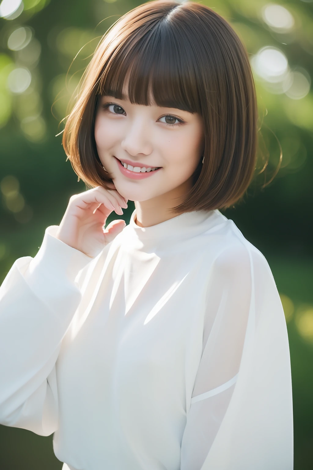 (超A high resolution、Photorealsitic、realisitic、top-quality、Photorealsitic)、(in 8K、Raw foto、top-quality、masterpiece)、(photon maping、physically-based renderingt、auto white balance)、Technical sense、top-quality、masterpiece、illustratio、nffsw、Unity、wall-paper、Official art、astonishing、finely detail、extremely delicate and beautiful、ighly detailed、foco nítido、Rich background、blurry backround、(realperson、a picture)、(((High Detail Skin)))、(kawaii girl、Little devil atmosphere、18year old、college aged、Brown hair)、(((Short Bob Hair、Bangs)))、(a smile)、(Fashionable、white shirt、long-sleeve)