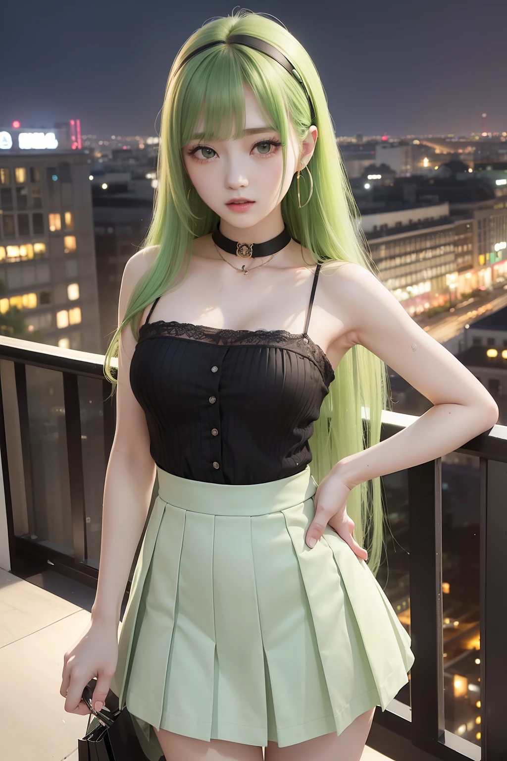 top-quality、超A high resolution、(Photorealsitic:1.4)、(Green Longhair:1.3)、Green Curl Hair、piercings、(azur lane\)、1girll、(Kpop Idol)、NSFW、Dress appearance、slenderbody、Behold、cute little、finerly detailed face、Contrapo、Smooth skin、parfect anatomy、White camisole、Pure black pleated skirt、A city scape、natta、Rain wet type、Professional Lighting、Shopping mall rooftop café、outside of house、no teeth、8K Wallpapers