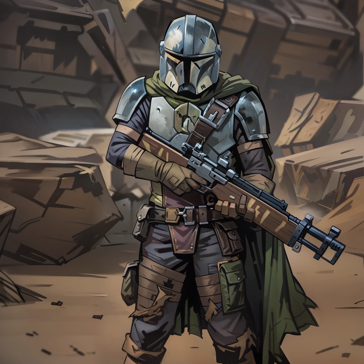 The mandalorian holding a rifle