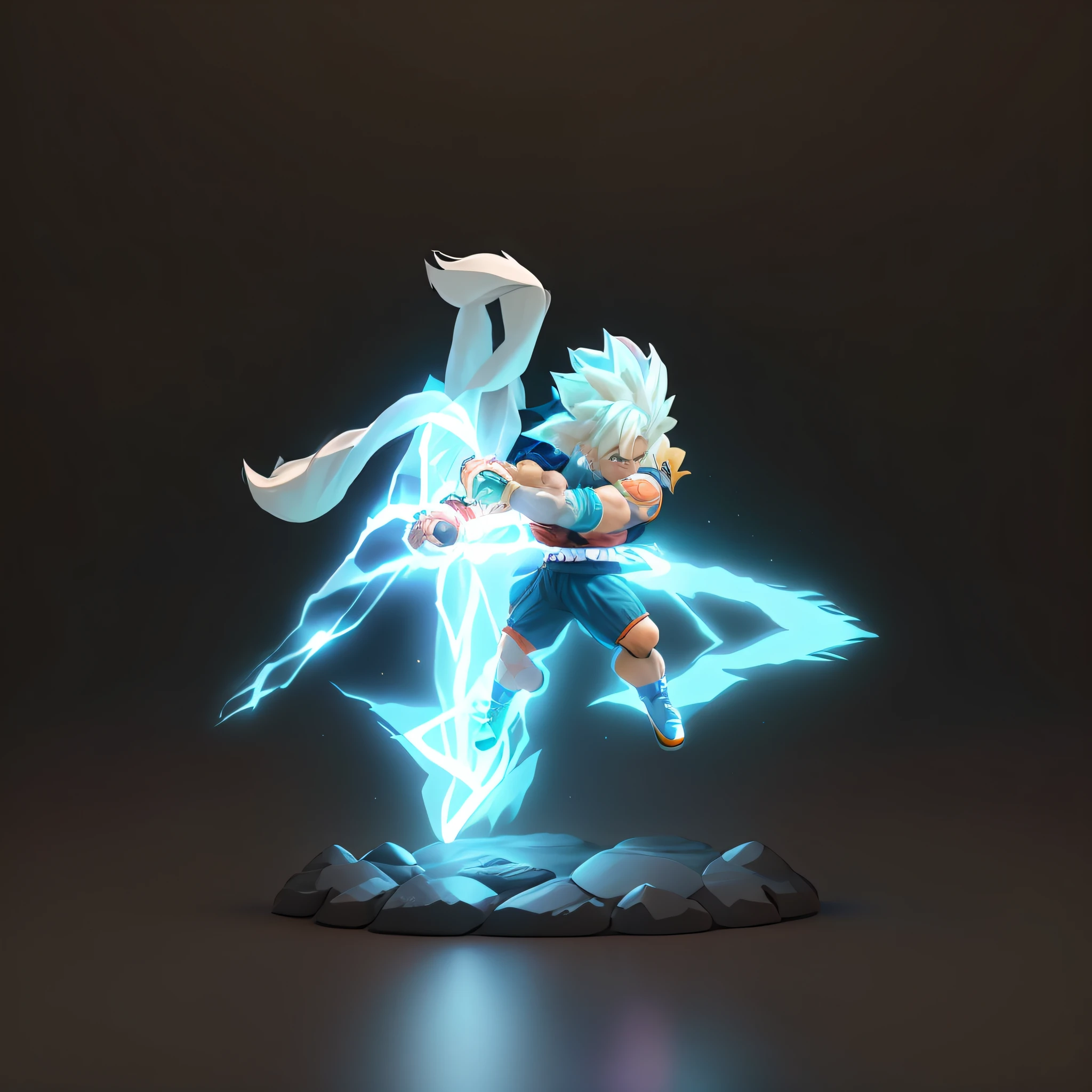 Goku, super saiyan, exquisite hair, arm depiction, white and blue hair body, exquisite shoes, eye depiction, exquisite hair, popmart blind box, clay texture, stepping on the land, black and white background, natural lighting, most good quality, super detail, 3D art, c4d, OC renderer, 3D rendering, 8k