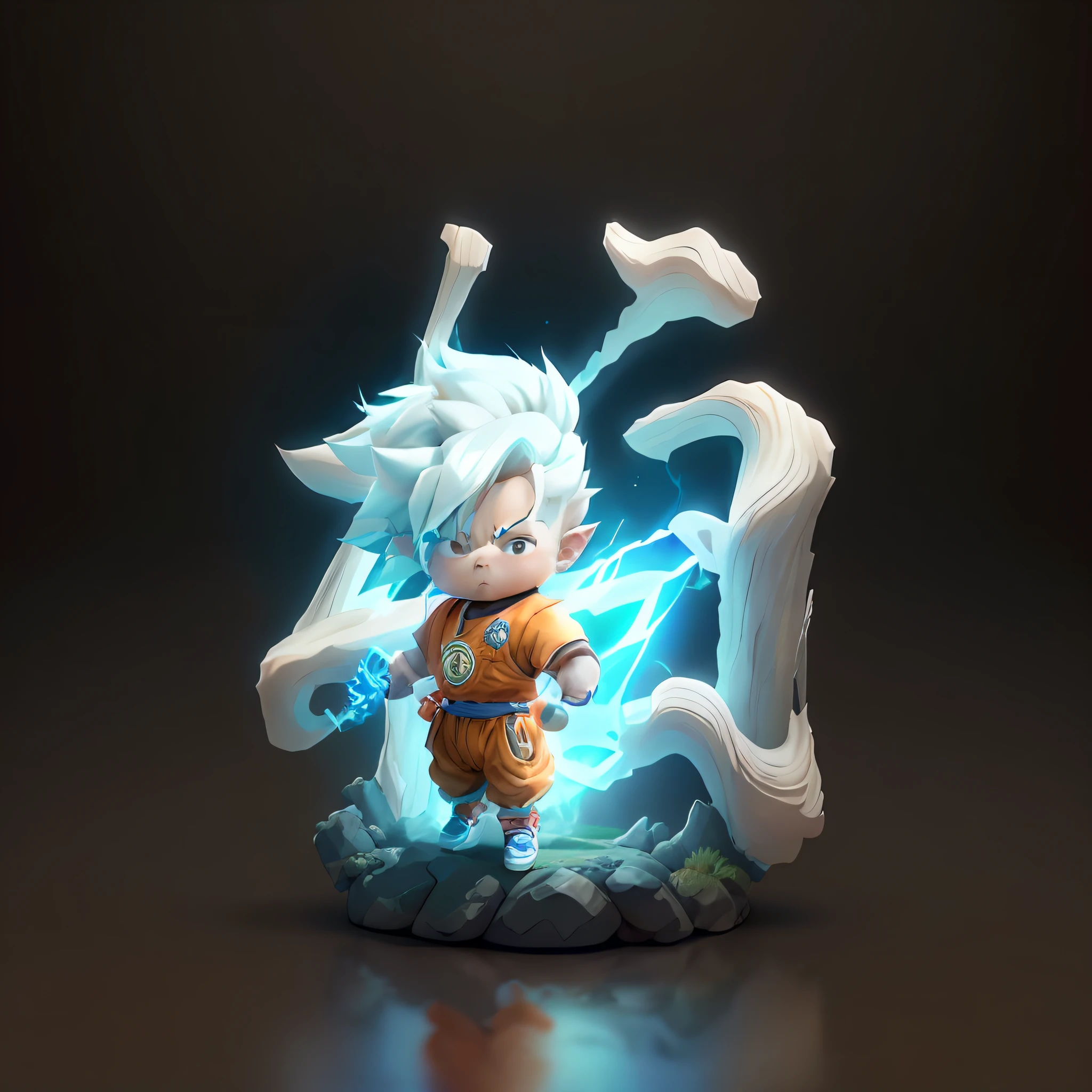 Goku, super saiyan, exquisite hair, arm depiction, white and blue hair body, exquisite shoes, eye depiction, exquisite hair, popmart blind box, clay texture, stepping on the land, black and white background, natural lighting, most good quality, super detail, 3D art, c4d, OC renderer, 3D rendering, 8k