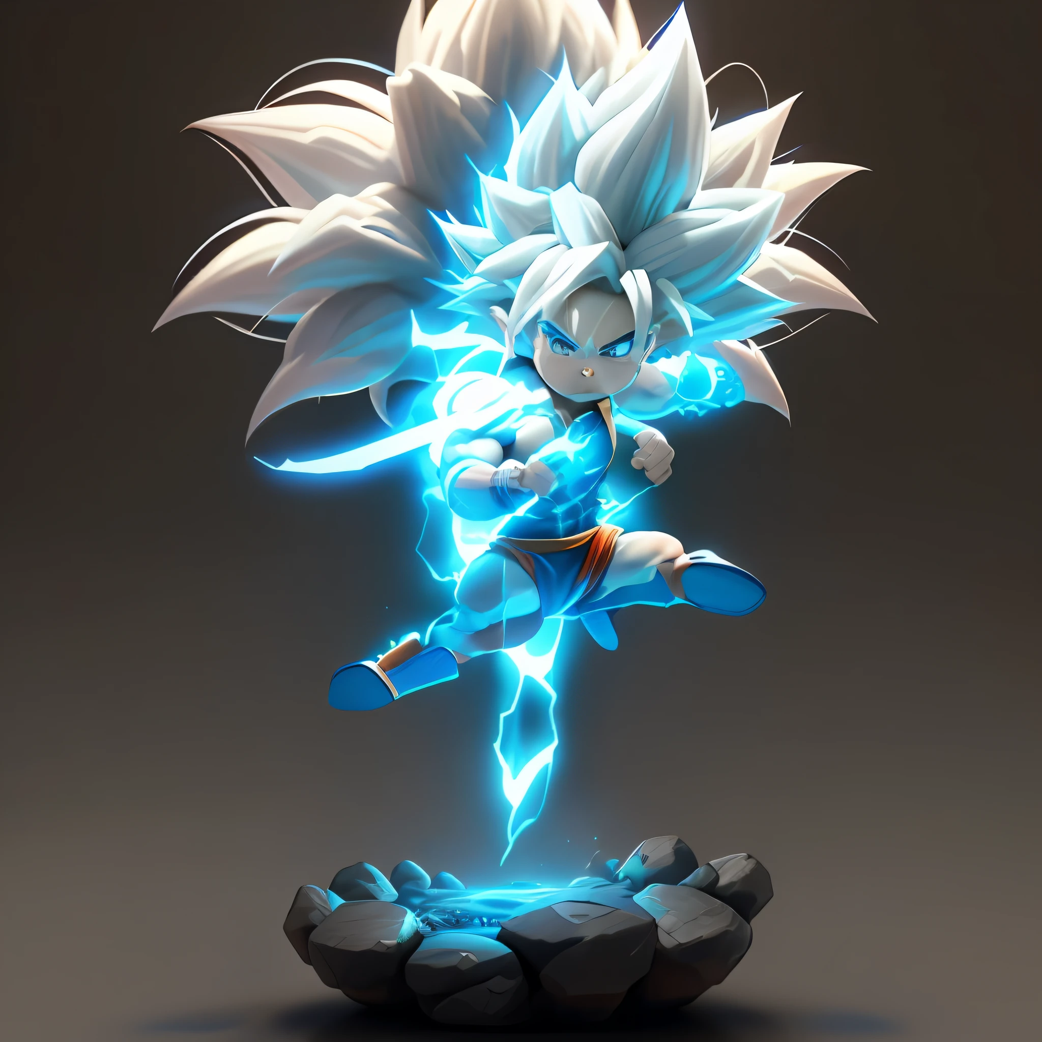 Goku, super saiyan, exquisite hair, arm depiction, white and blue hair body, exquisite shoes, eye depiction, exquisite hair, popmart blind box, clay texture, stepping on the land, black and white background, natural lighting, most good quality, super detail, 3D art, c4d, OC renderer, 3D rendering, 8k